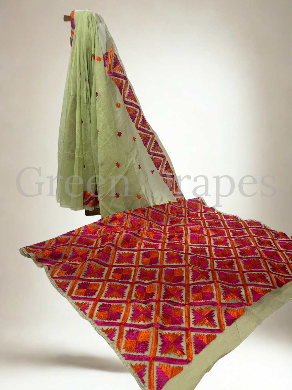 Handcrafted Phulkari Embroidered Kota Doria Saree- fresh Lime Green