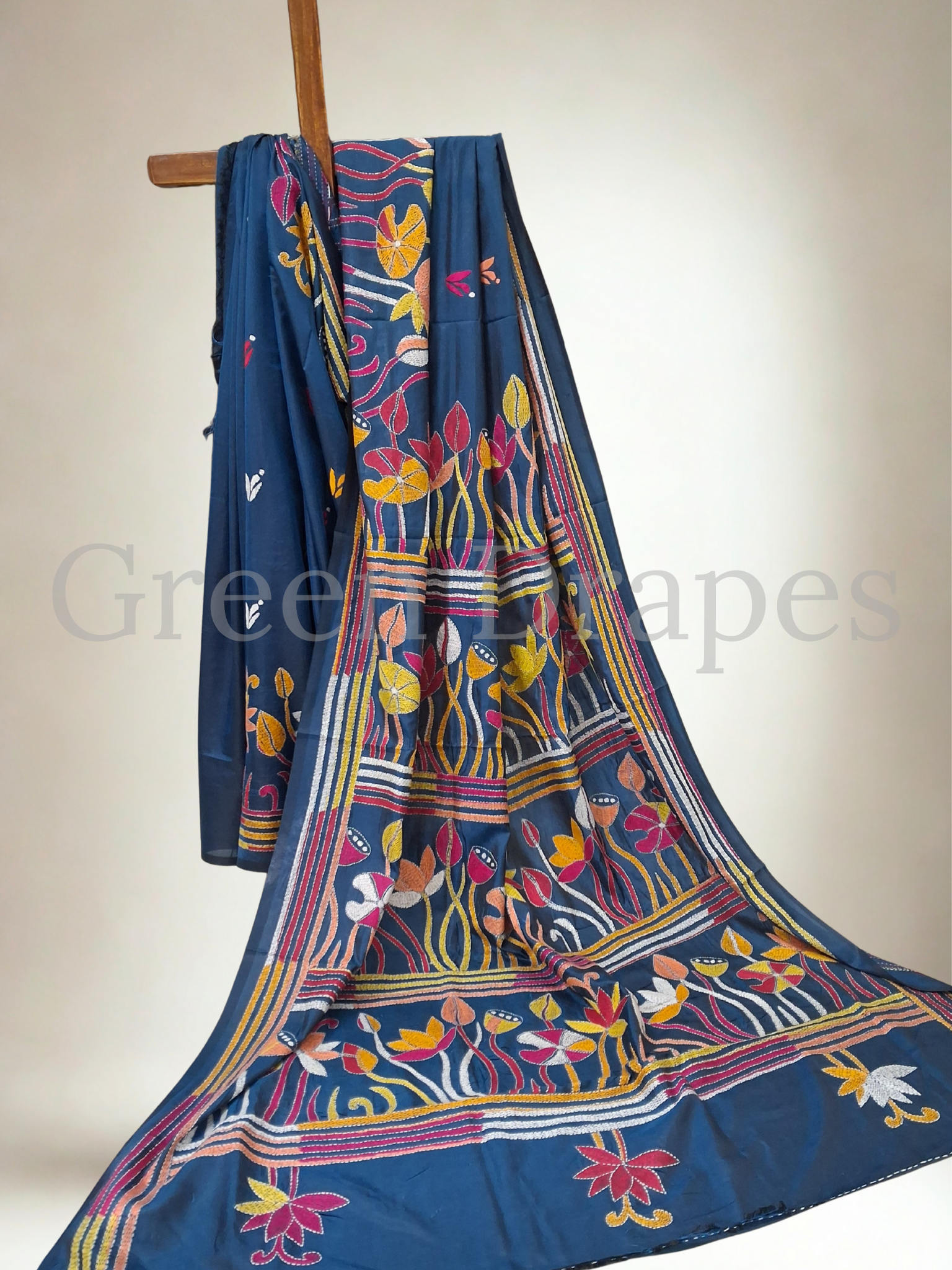 Kantha Style Lotus & Floral Embroidered Art Silk Saree — Deep Blue Base
