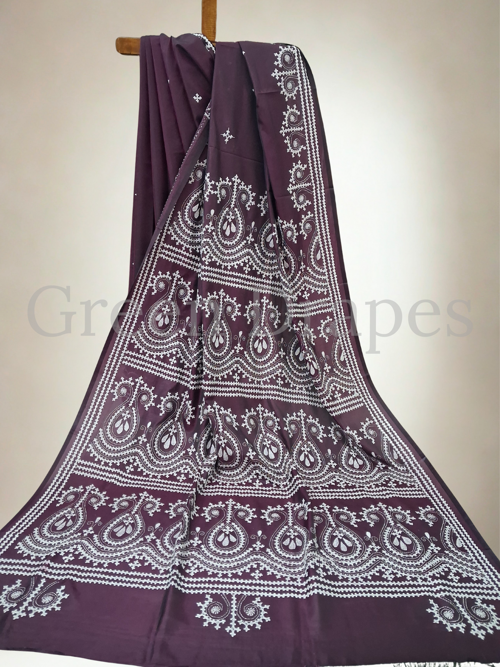 Gujarati Embroidered Blended Bangalore Silk Saree — Deep Wine Purple