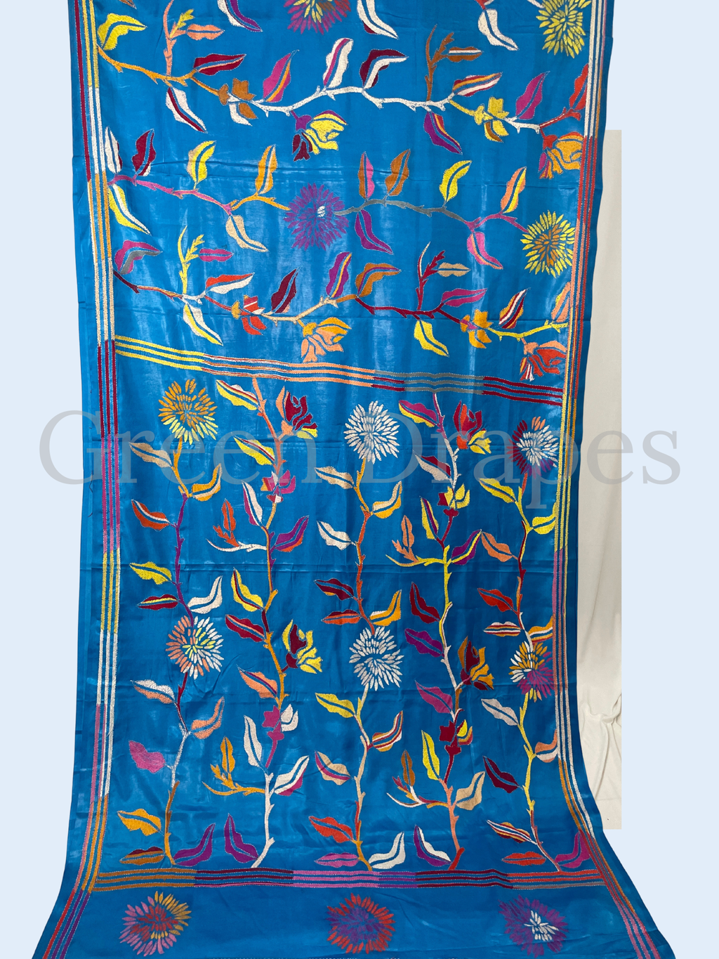 Hand Embroidered Royal Blue Kantha Stitch Silk Saree – Multicolour Floral Thread Work | Bengal Traditional Saree