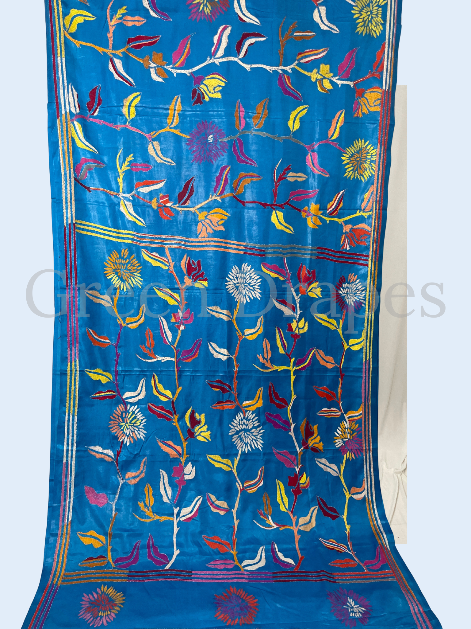 Hand Embroidered Royal Blue Kantha Stitch Silk Saree – Multicolour Floral Thread Work | Bengal Traditional Saree
