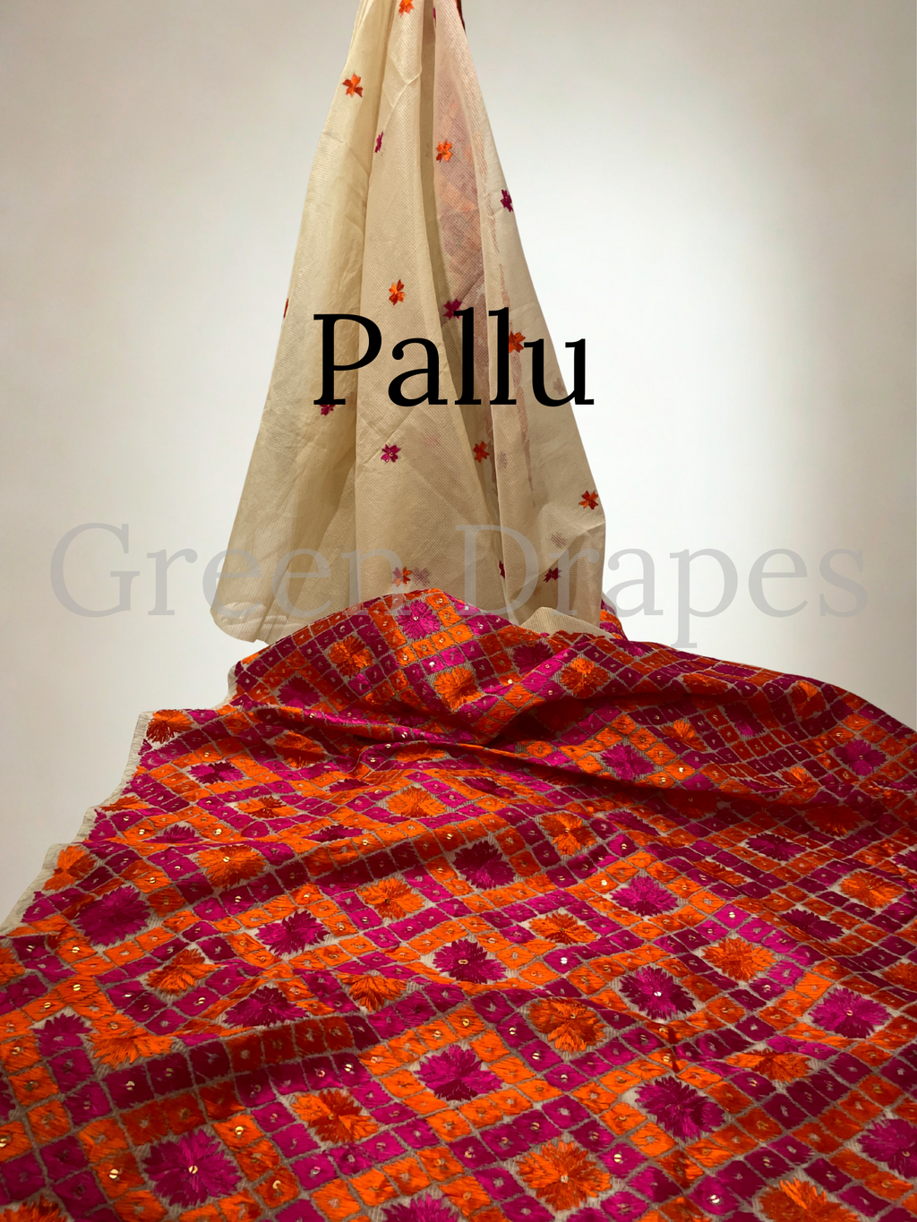 Ivory Kota Doria Saree with Pink–Orange Phulkari Embroidery | Festive & Wedding Wear