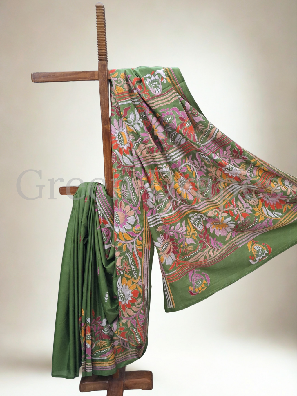 Kantha Style Multicolour Floral Embroidered Art Silk Saree — Olive Green Base