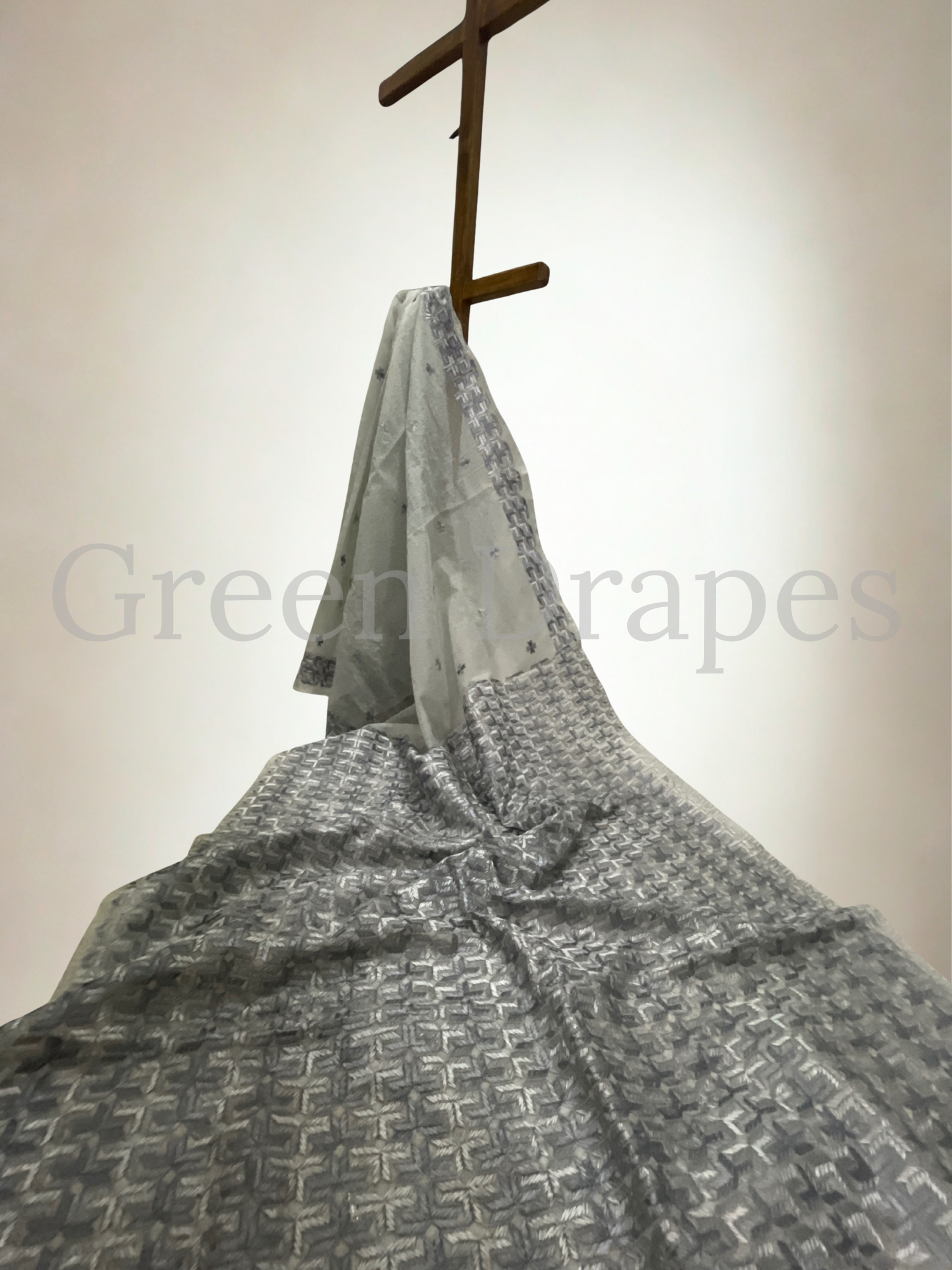 Silver Grey Phulkari Embroidered Kota Doria Saree