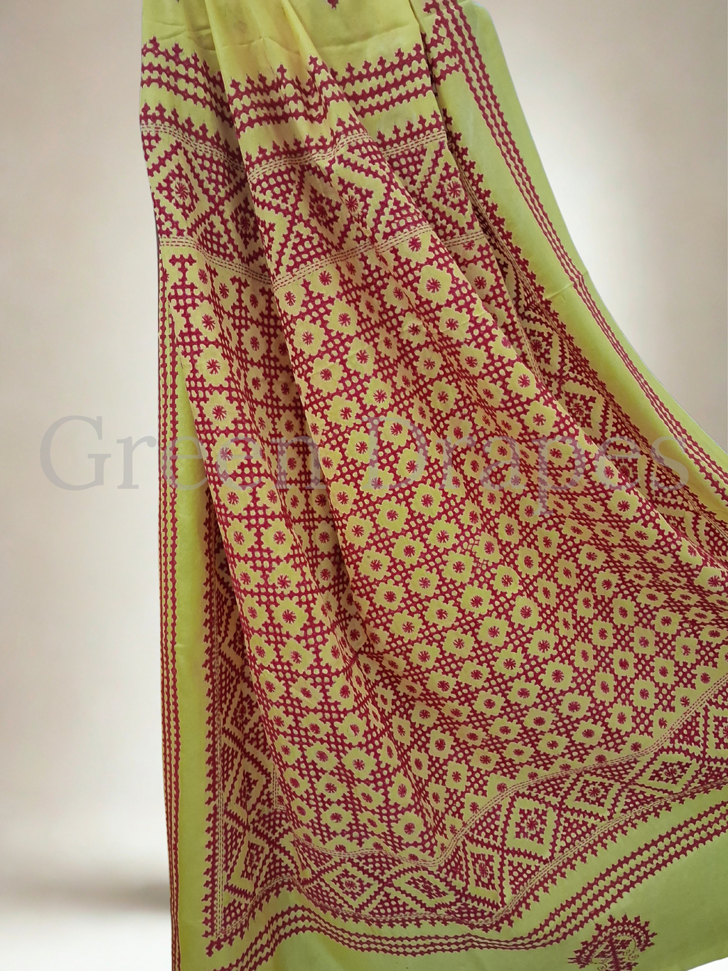 Gujarati Embroidered Blended Bangalore Silk Saree — Yellow & Red