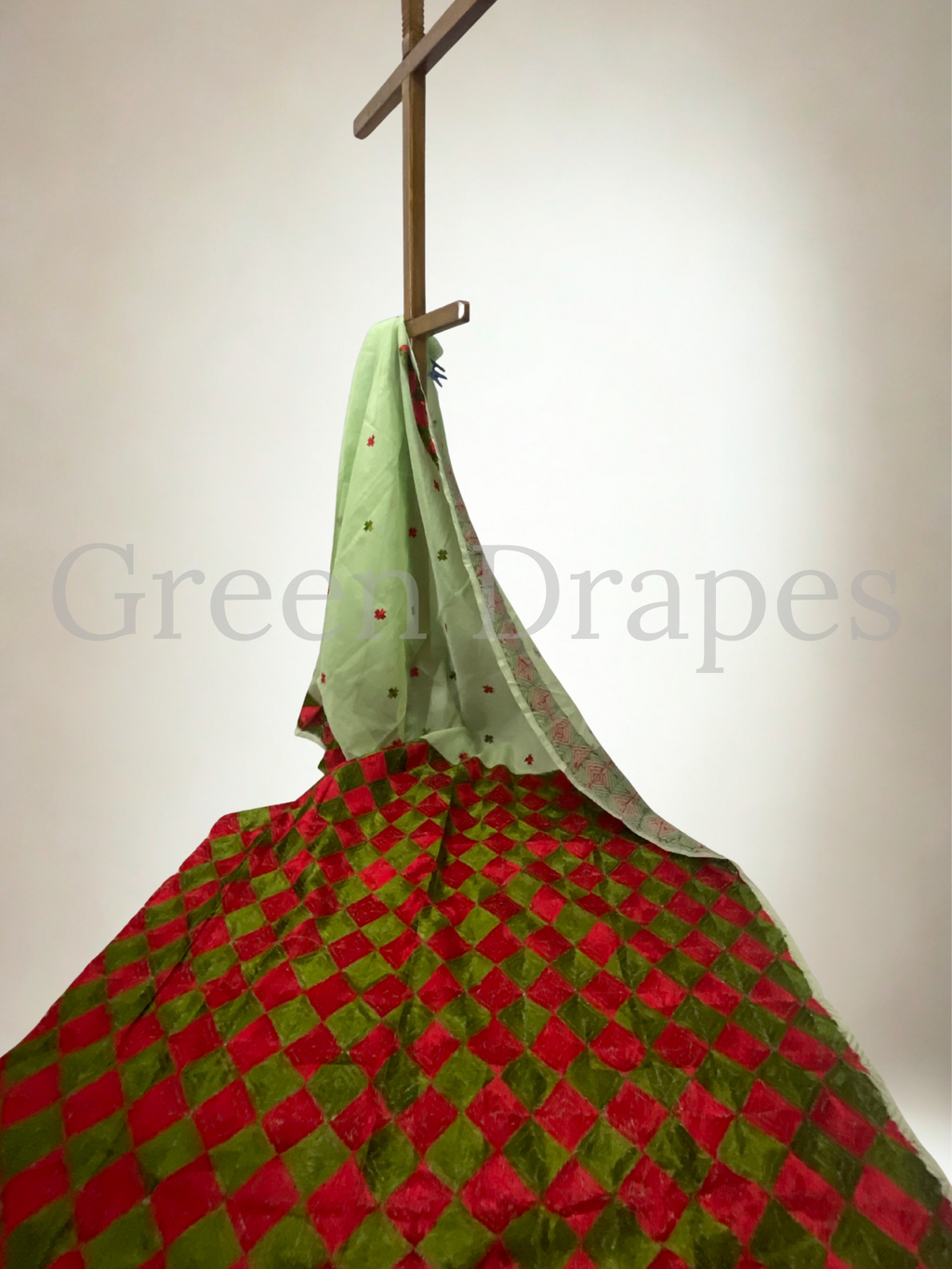 Green Kota Doria Saree with Red and Green Phulkari Geometric Work | Lightweight Festive Wear