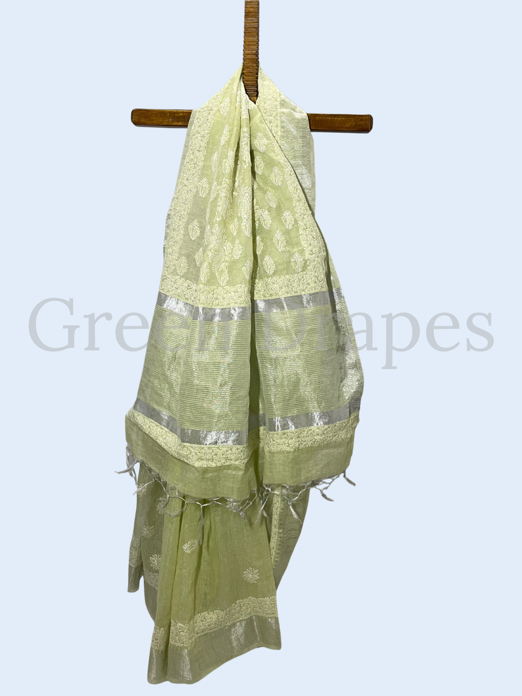 Handcrafted Sage Green Chikankari Organza Saree – White Floral Jaal Embroidery | Lucknowi Chikan Saree