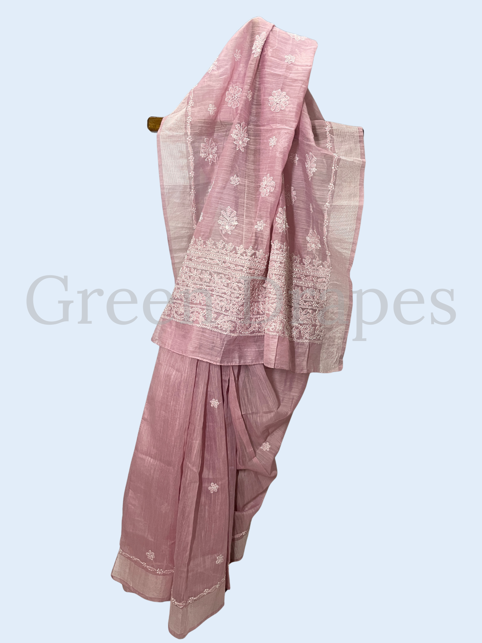 Handcrafted Mauve Pink Chikankari Organza Saree – White Floral Buti & Heavy Embroidered Border | Lucknowi Chikan Saree