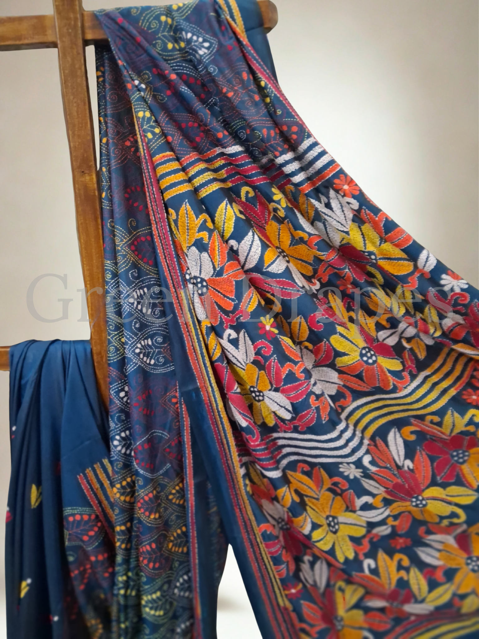 Kantha Style Floral Embroidered Art Silk Saree — Deep Blue Base