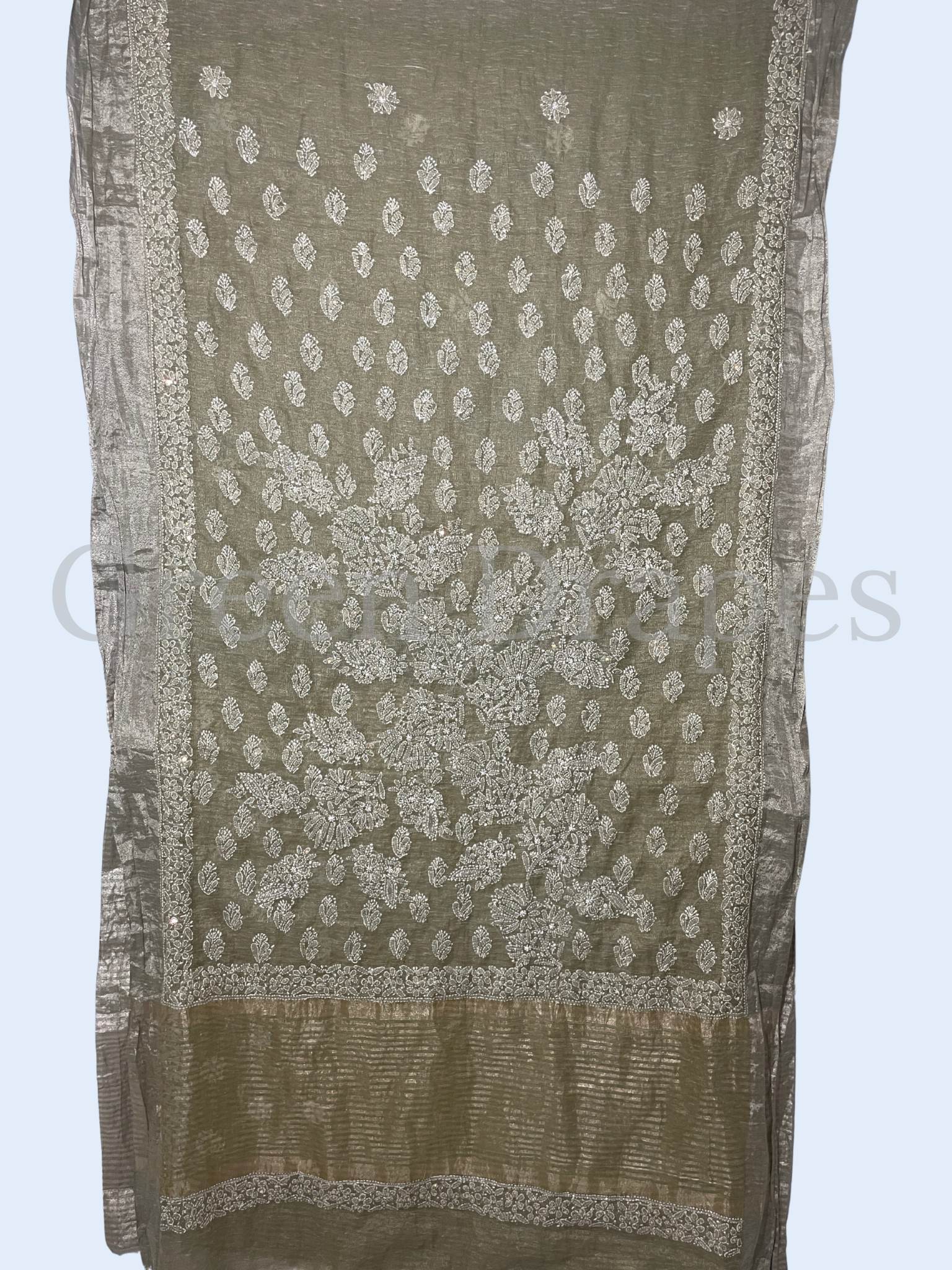 Handcrafted Beige Chikankari Organza Saree – White Thread Embroidery & Sequins Work | Lucknow Chikan Saree