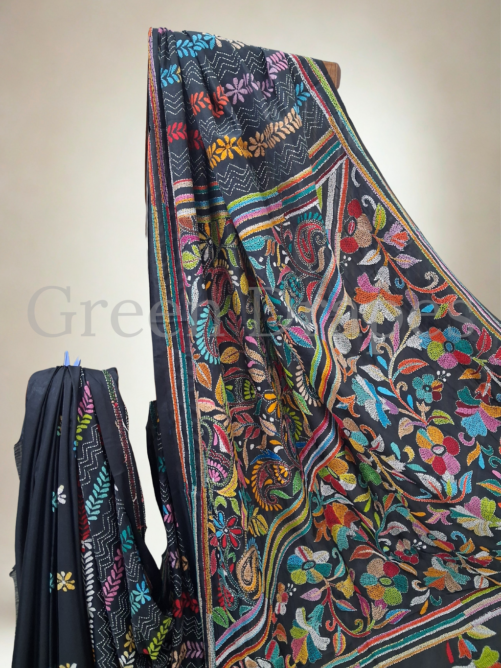 Kantha Style Multicolour Floral Vine Embroidered Art Silk Saree — Black Base