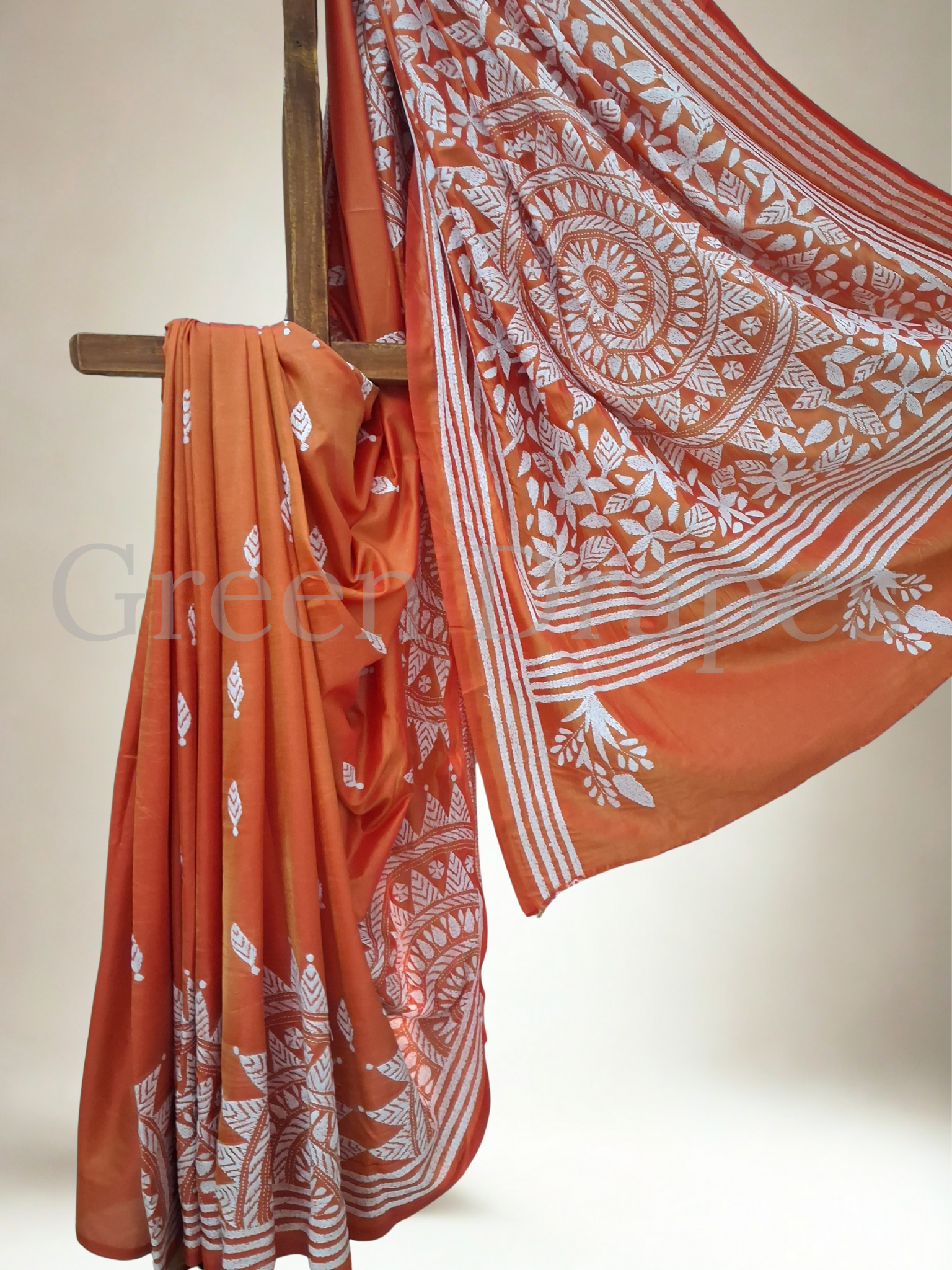 Kantha White Thread Embroidered Art Silk Saree — Rust Orange Base