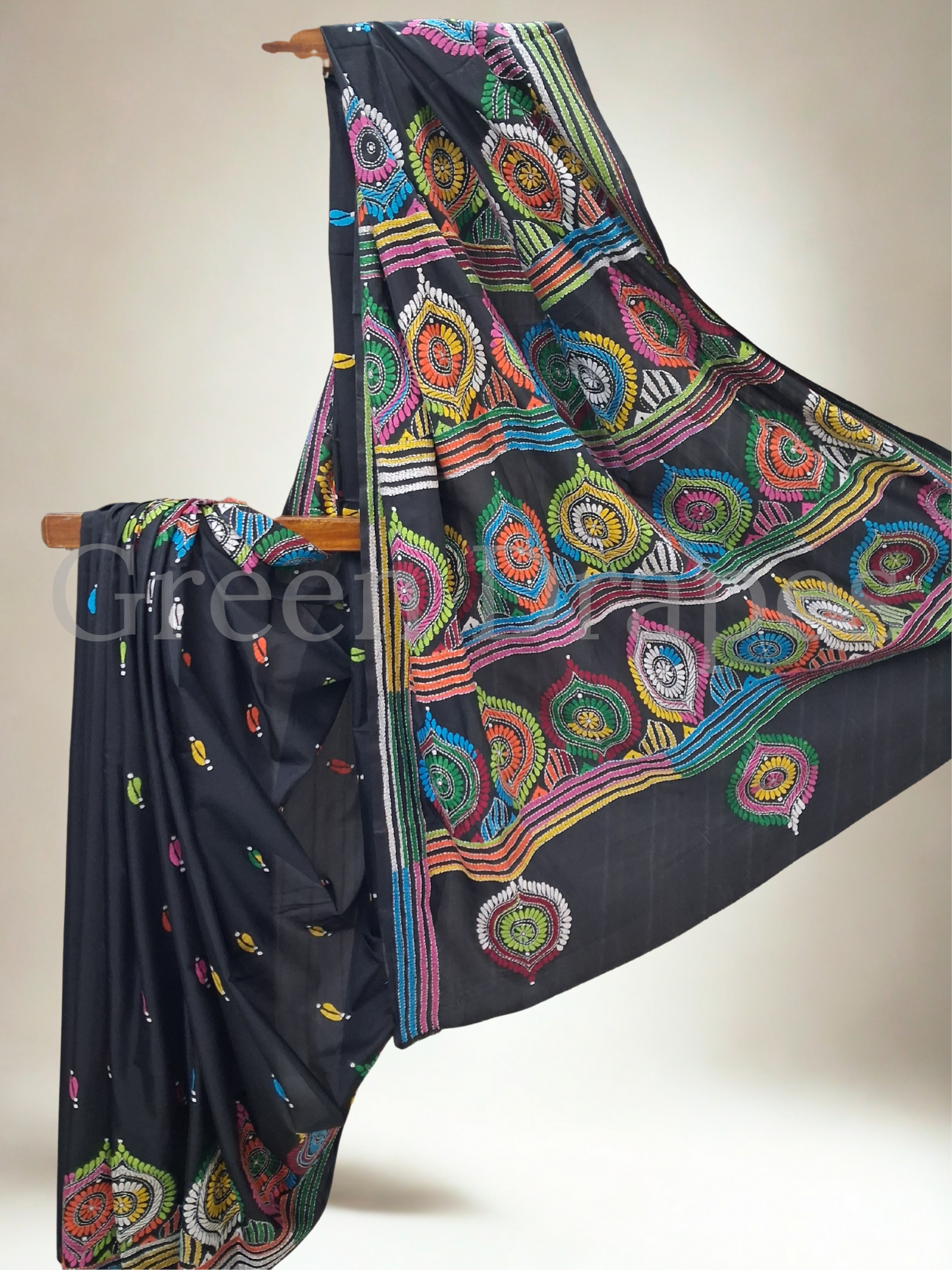 Kantha Style Multicolour Embroidered Art Silk Saree — Black Base