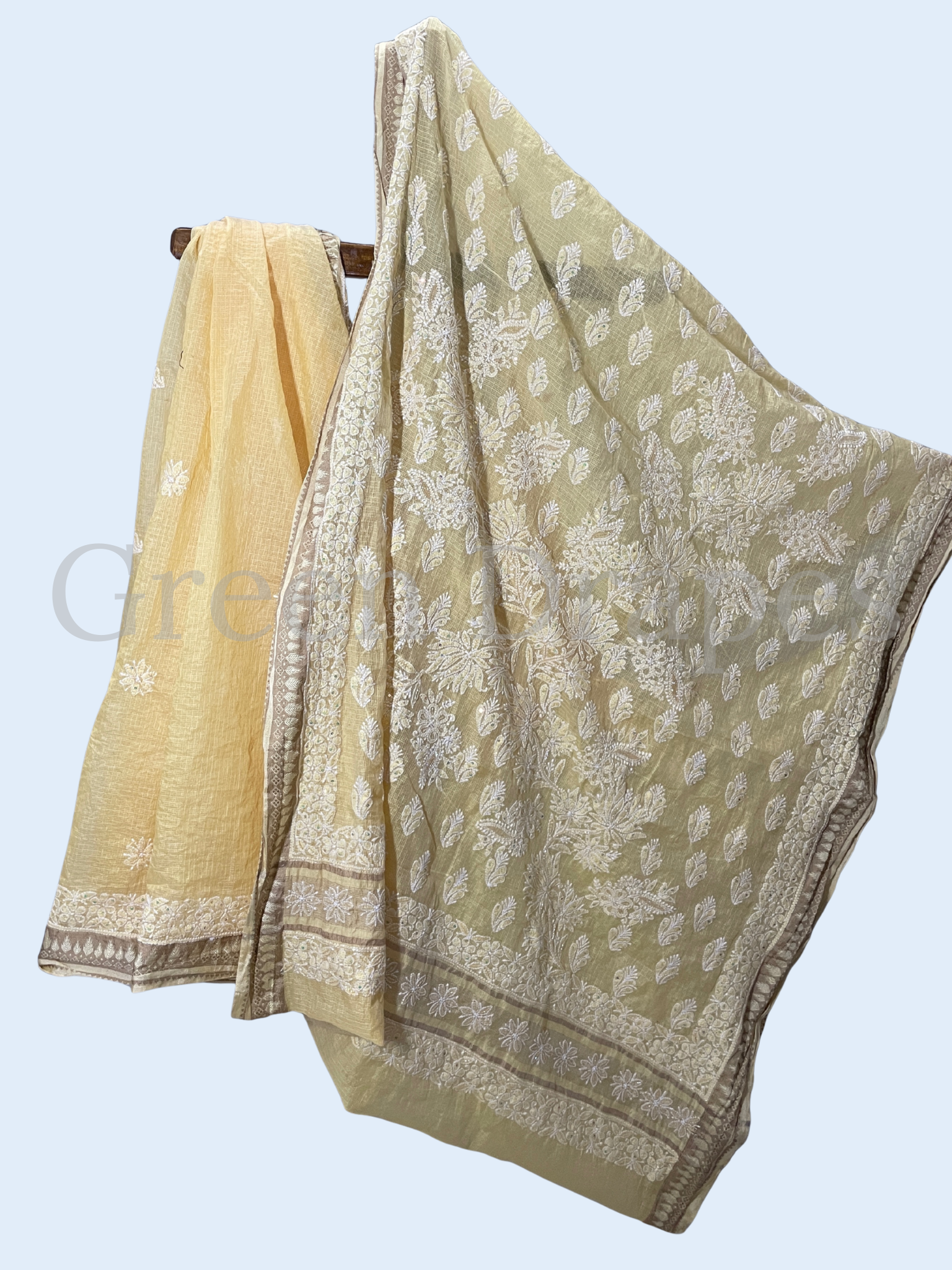 Handcrafted Pastel Beige Chikankari Organza Saree – White Floral Thread Embroidery | Lucknowi Chikan Saree