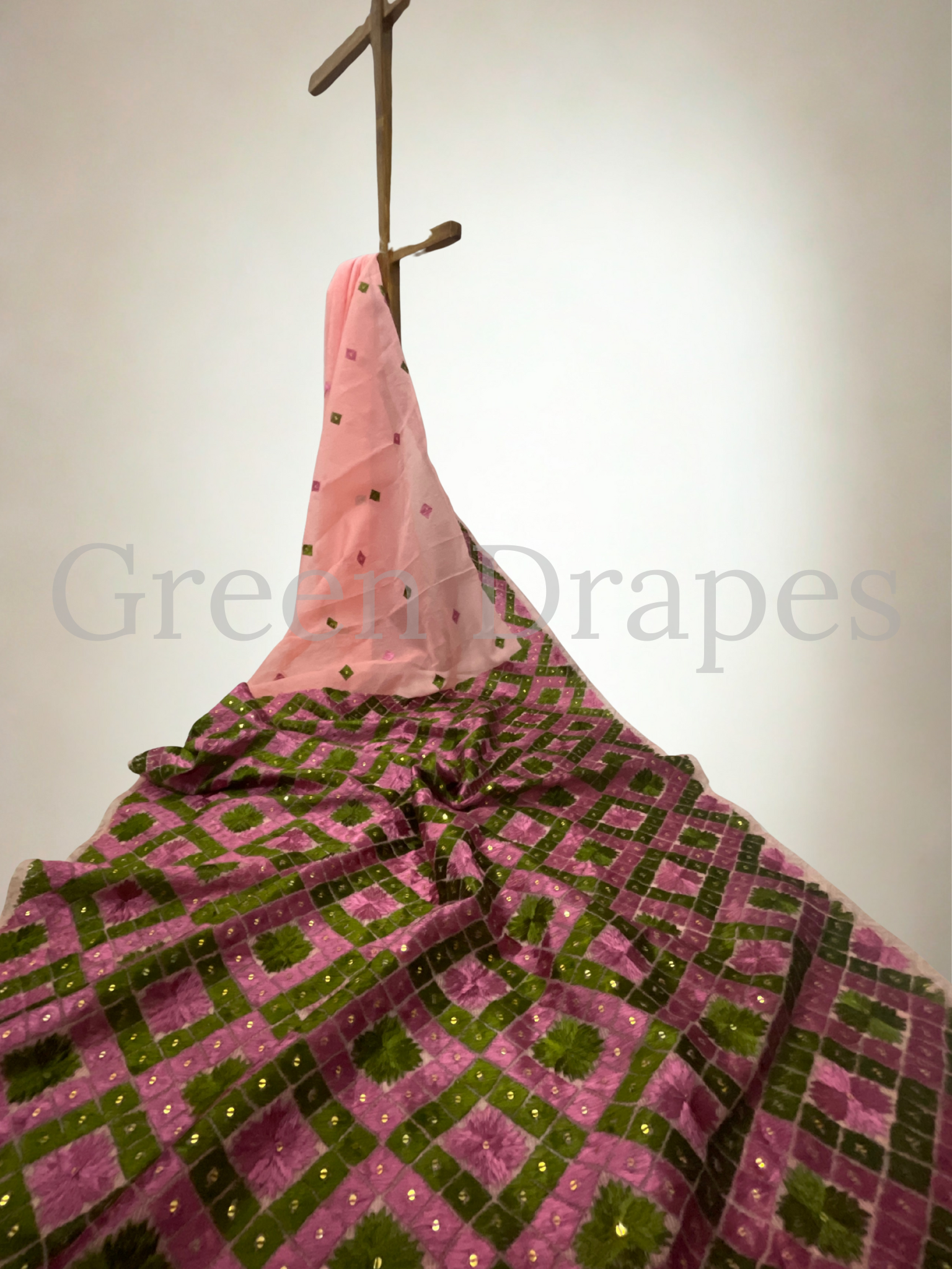 Pink & Green Phulkari Embroidered Kota Doria Saree | Lightweight Festive Wear