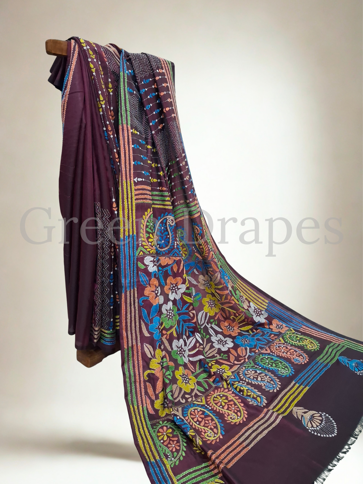 Hand-Embroidered Kantha Saree — Wine / Plum Base