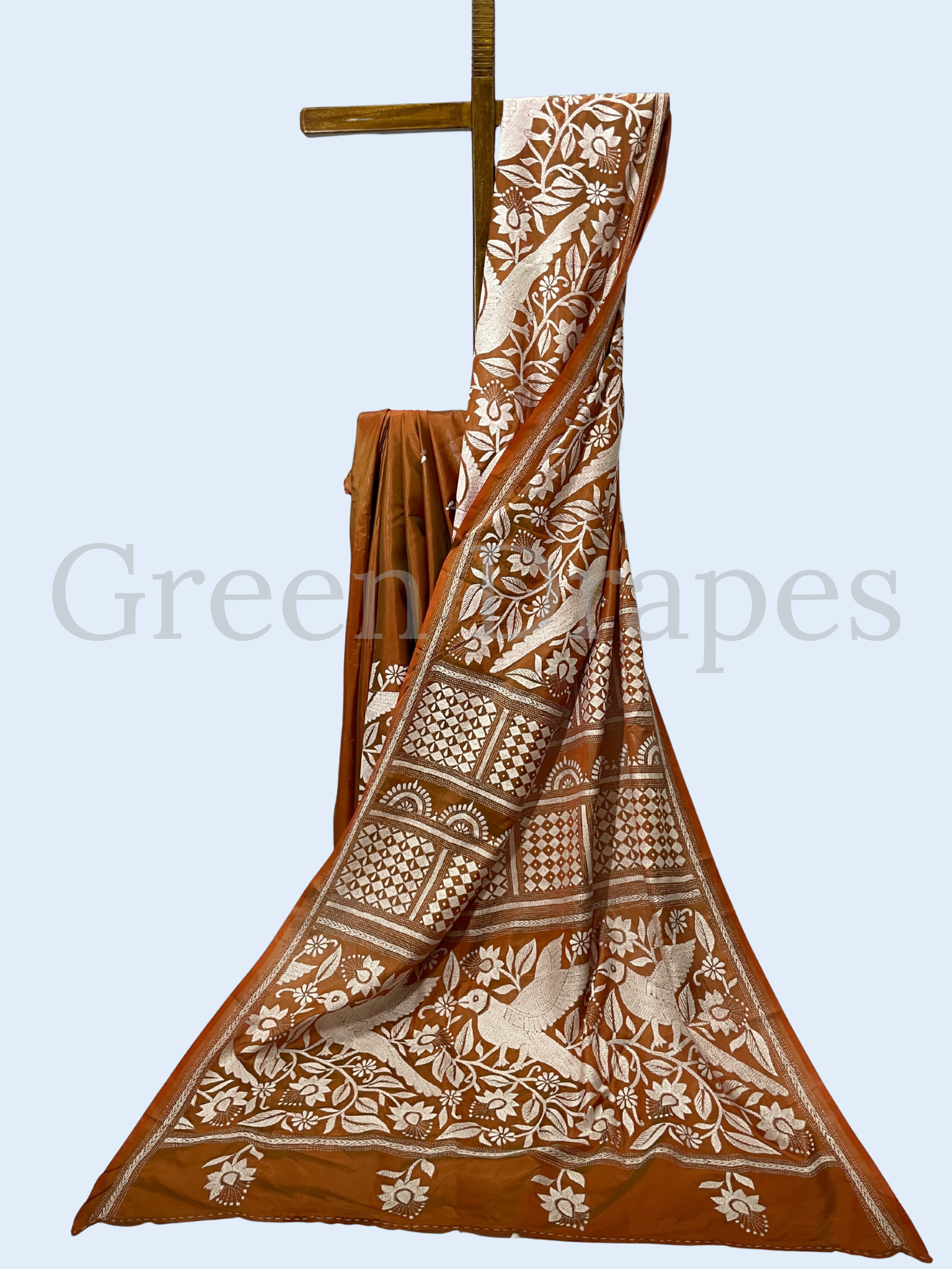 Hand Embroidered Rust Brown Kantha Stitch Silk Saree – Ivory Floral & Bird Thread Work | Bengal Heritage Saree