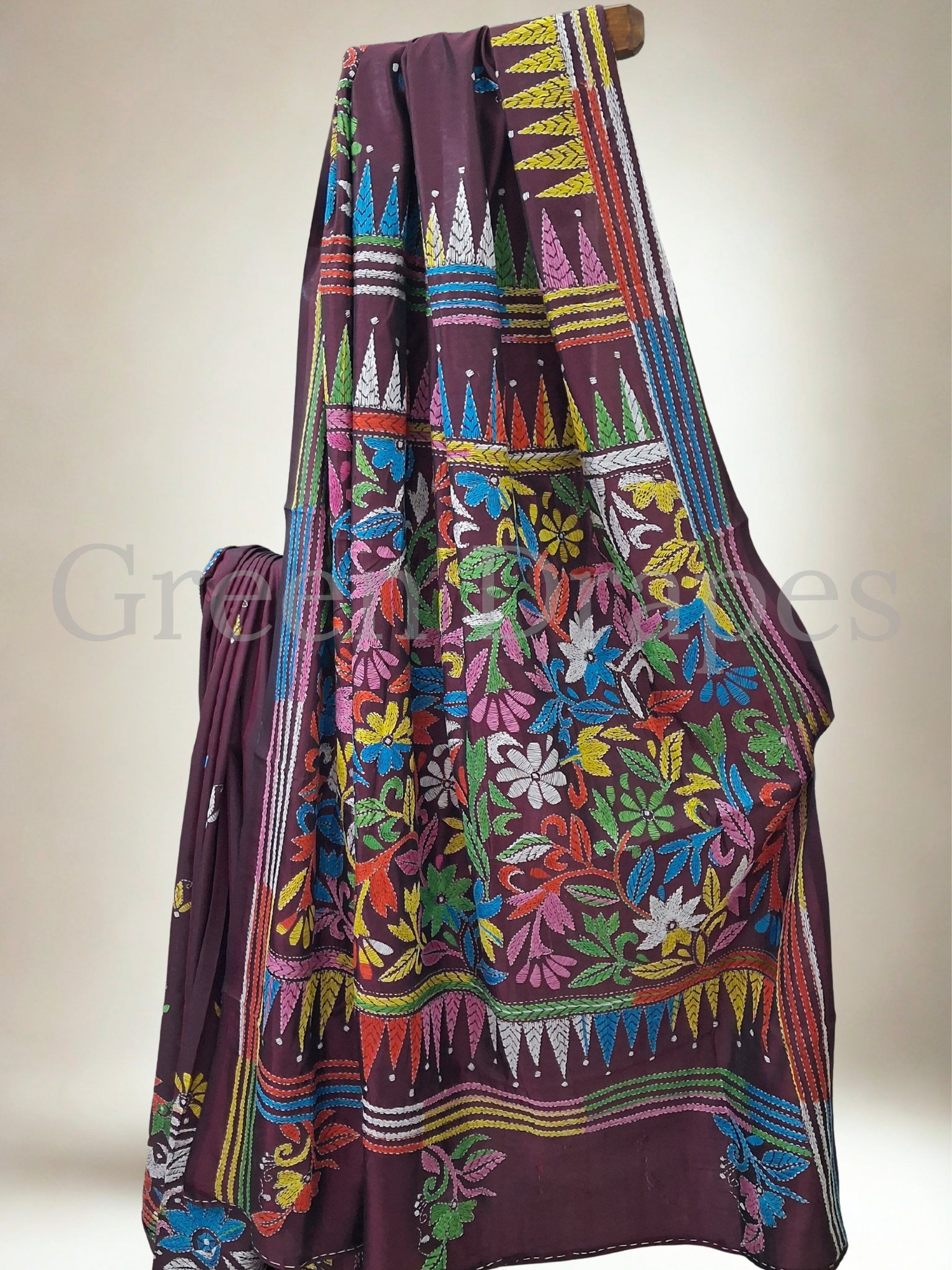 Handcrafted Kantha Saree with Multicolour Floral Embroidery — Wine / Plum Base