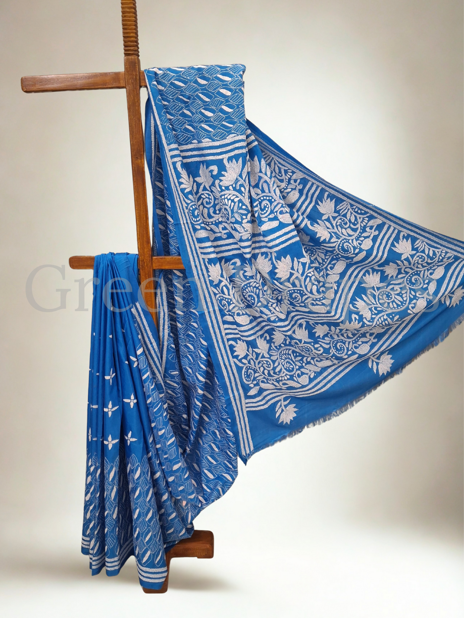 Blue Kantha Hand-Embroidered Saree (White Thread Work)