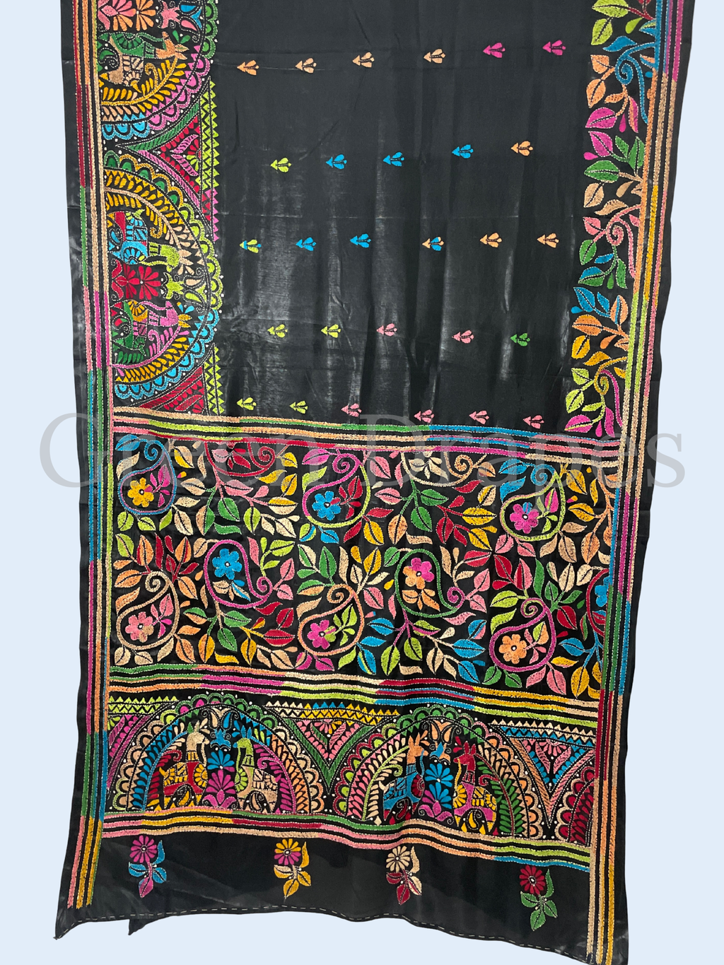 Hand Embroidered Black Kantha Stitch Silk Saree – Multicolour Folk & Floral Thread Work | Bengal Heritage Saree