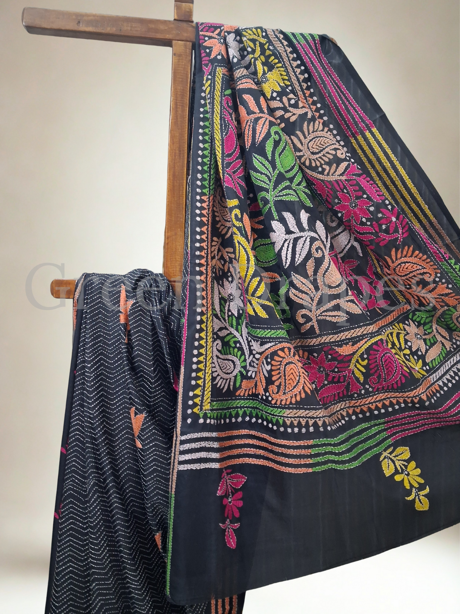 Kantha Style Floral Embroidered Art Silk Saree — Black Base