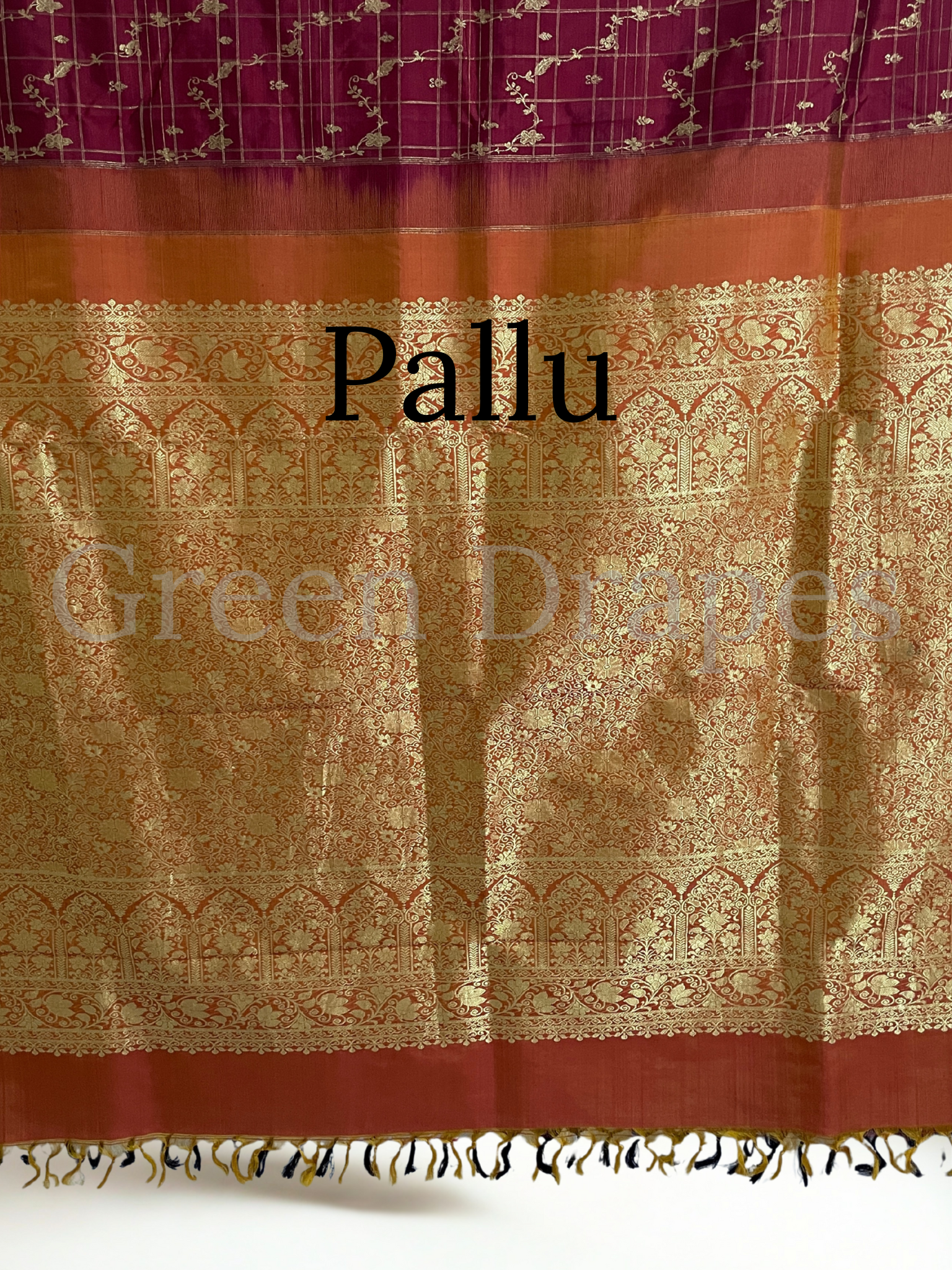 Pre-Loved Silk Saree — Maroon Checked Body with Floral Zari Motifs &amp; Burnt Orange Border | Grand Gold Zari Pallu