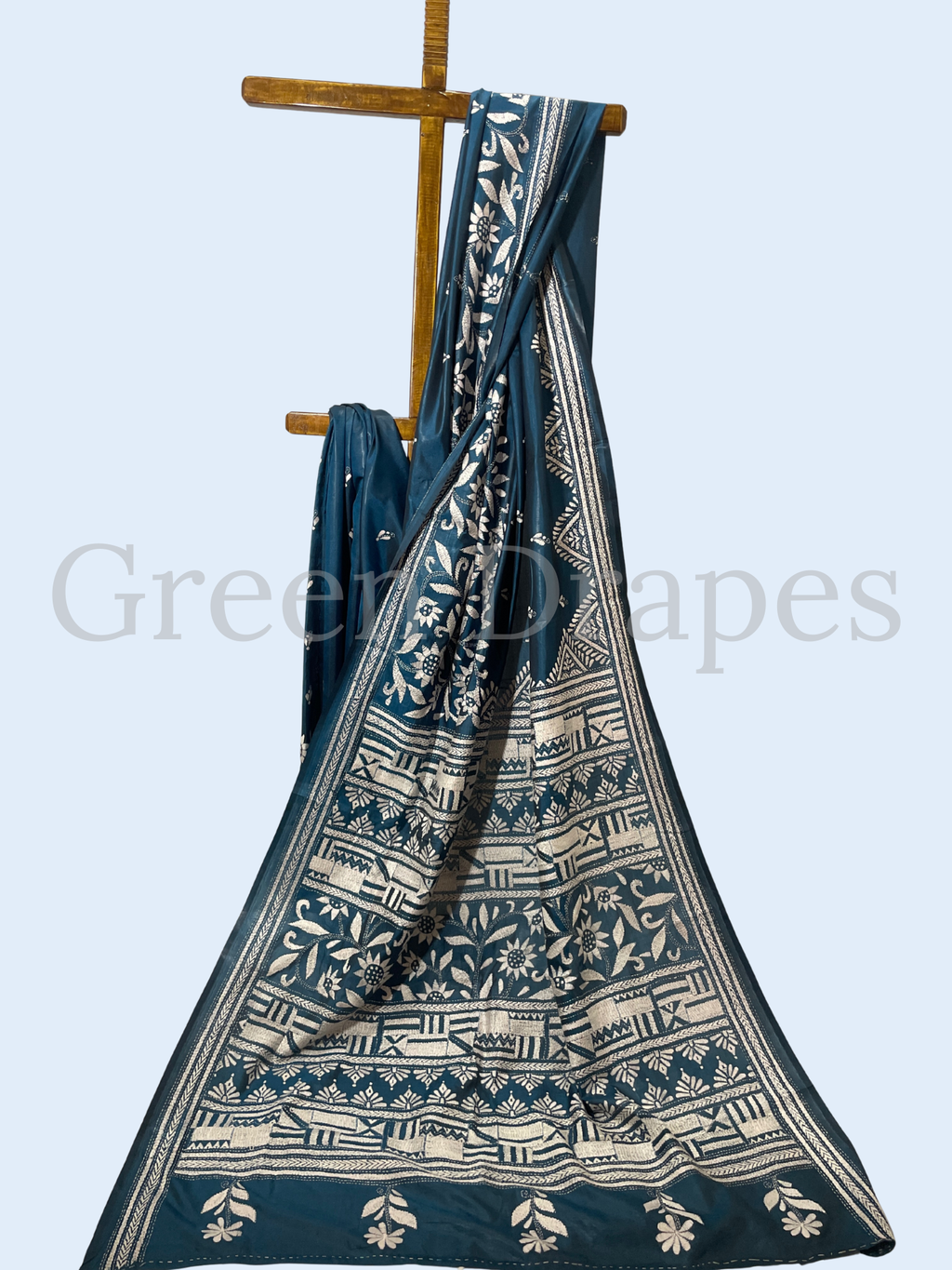 Hand Embroidered Teal Blue Kantha Stitch Silk Saree – Bengal Traditional Thread Work | Floral & Geometric Motifs