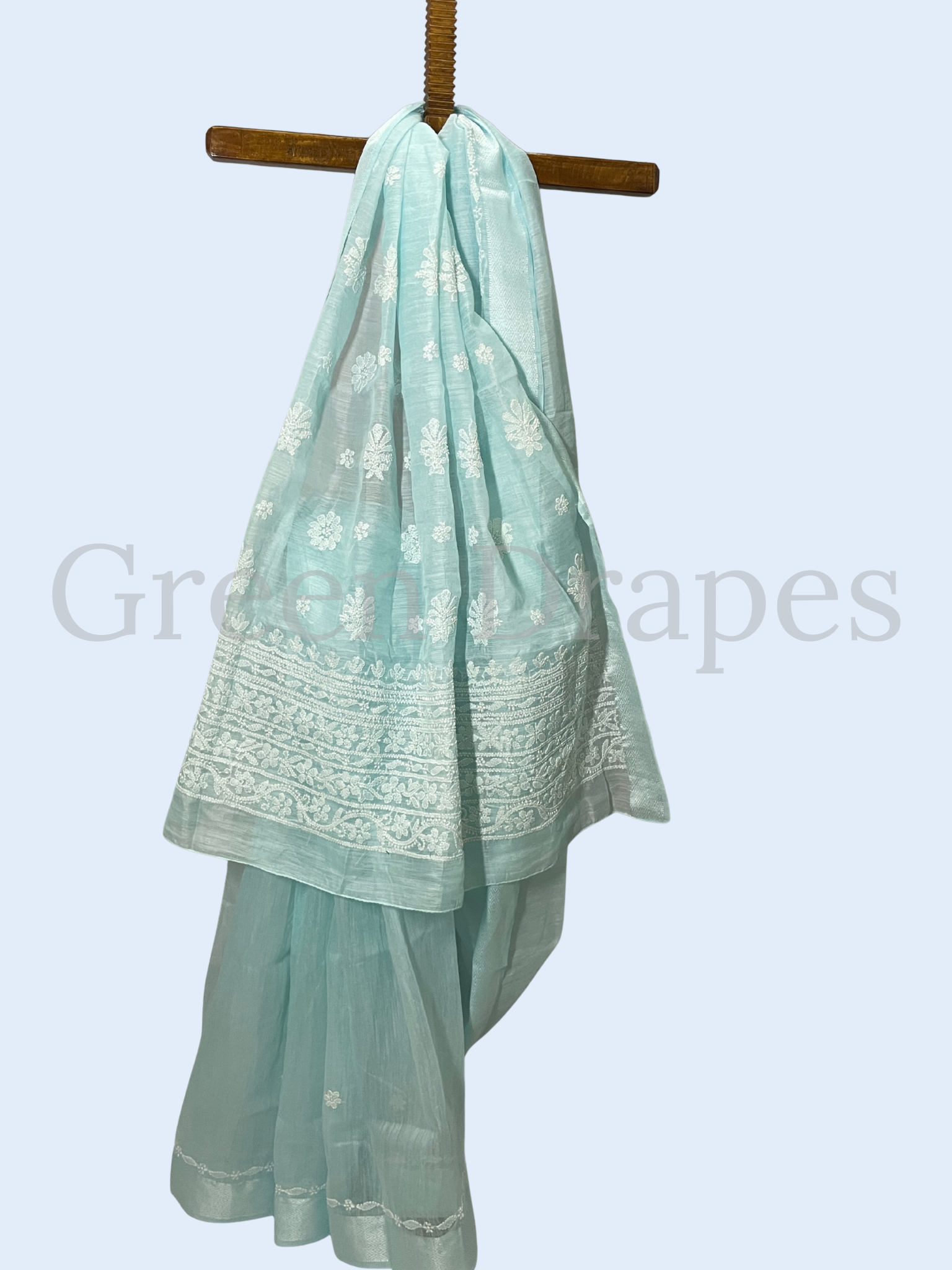 Handcrafted Ice Blue Chikankari Organza Saree – White Floral Buti & Border Embroidery | Lucknowi Chikan Saree