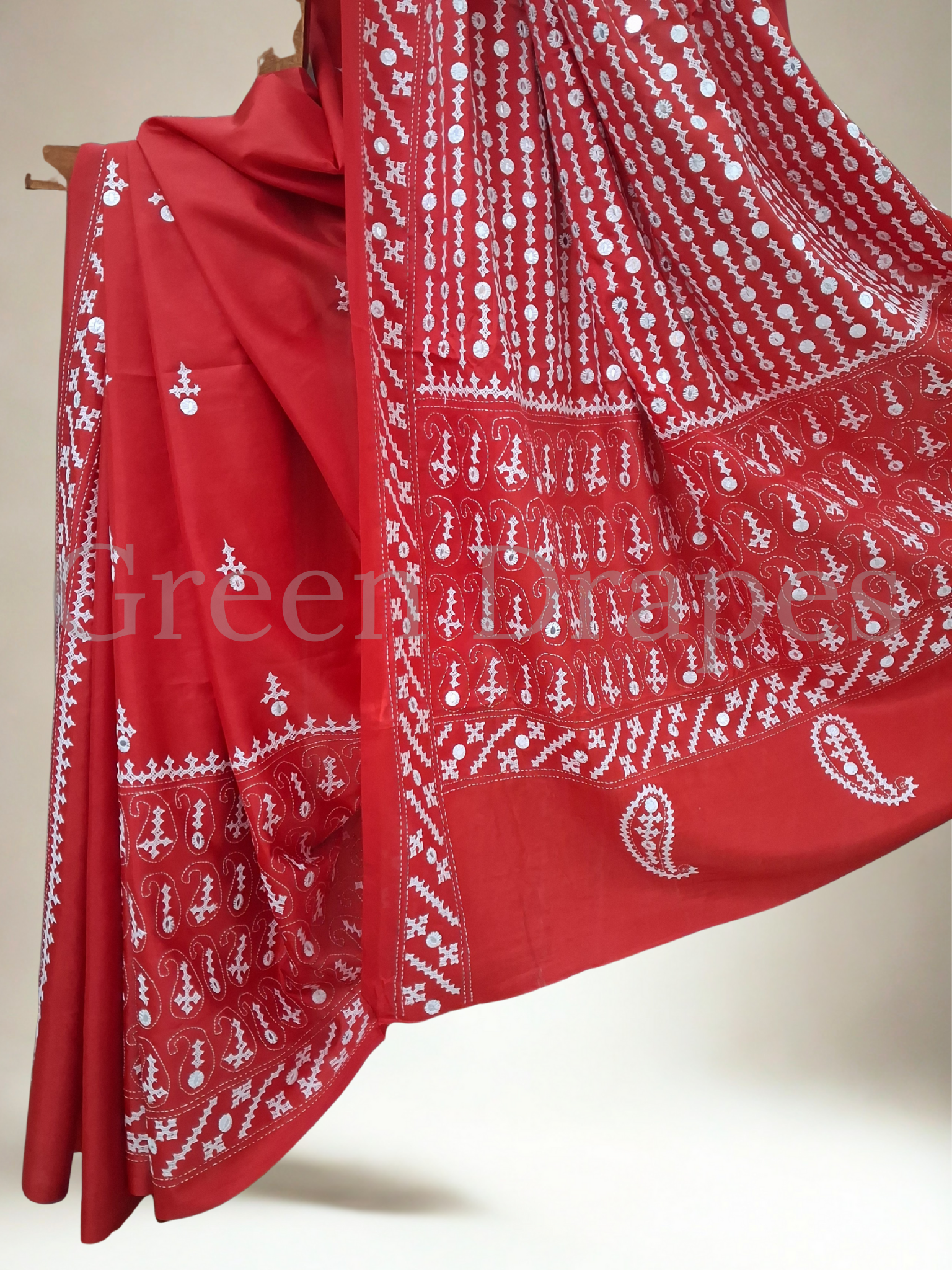 Gujarati Embroidered Art Silk Saree with Mirror Work — Red & White