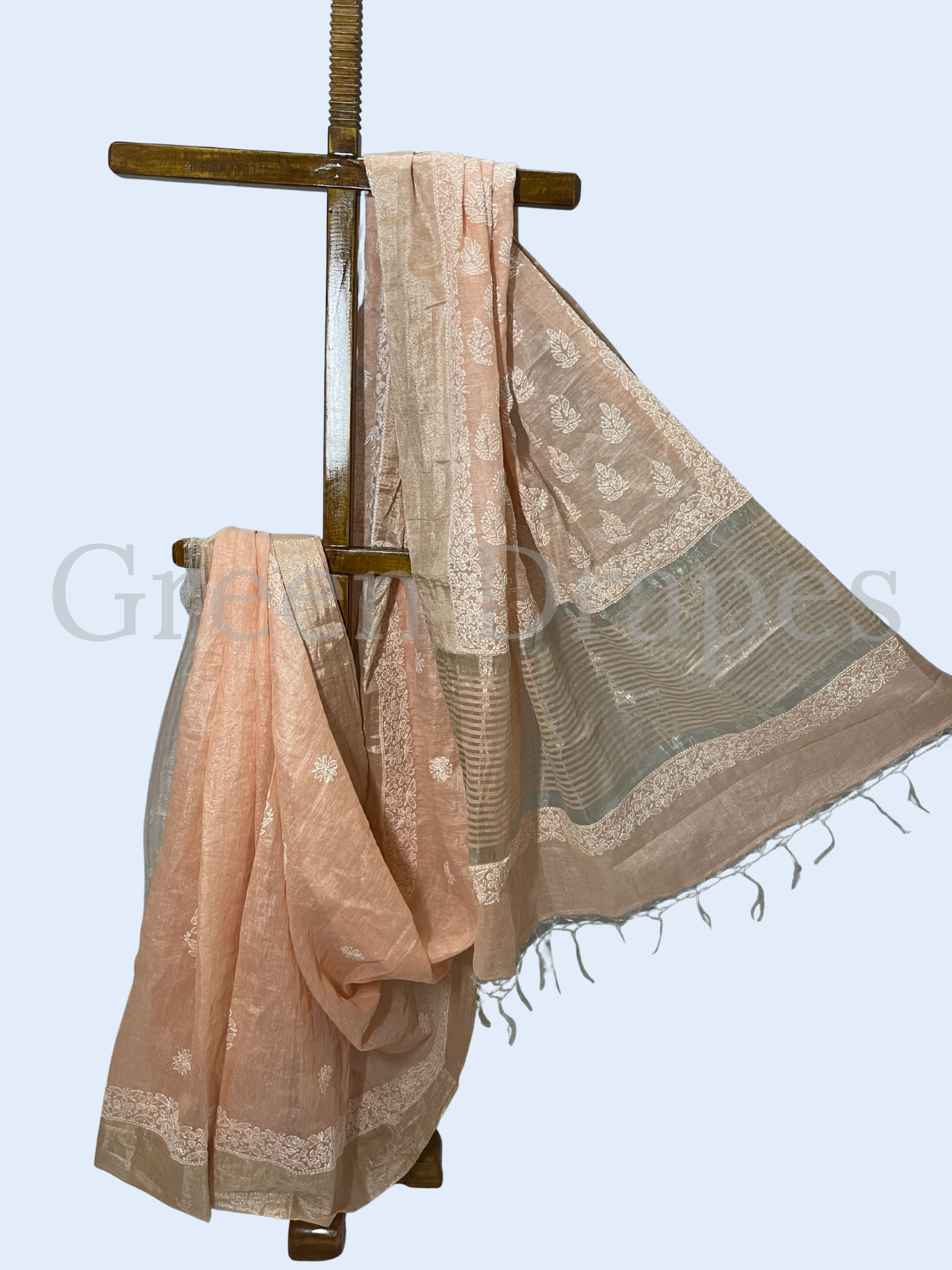 Handcrafted Nude Brown Chikankari Organza Saree – White Paisley & Floral Embroidery | Lucknowi Chikan Saree