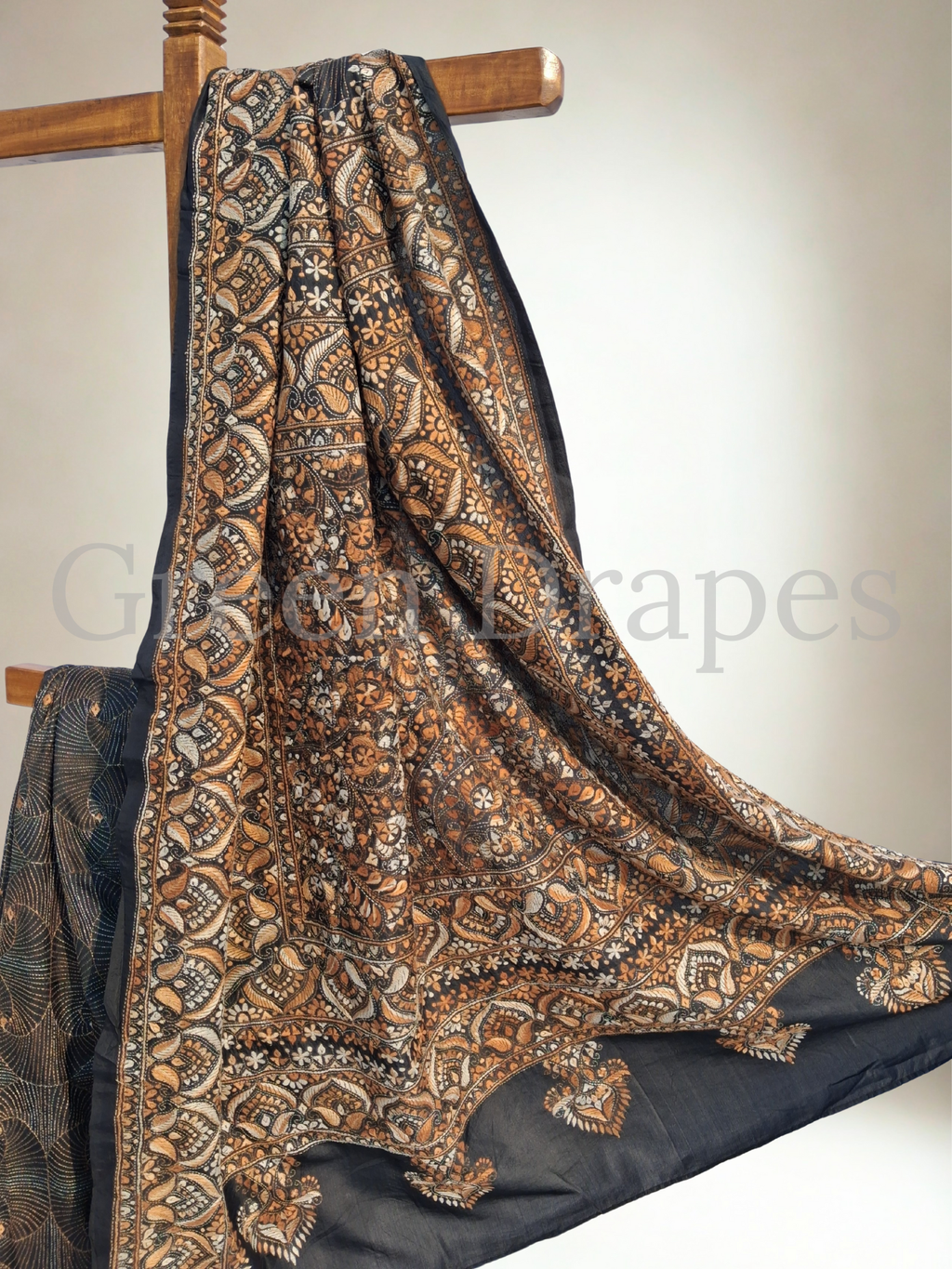 Pre-Loved Silk Kantha Saree — Black Base with Rust & Ivory Hand-Embroidered Floral Panels