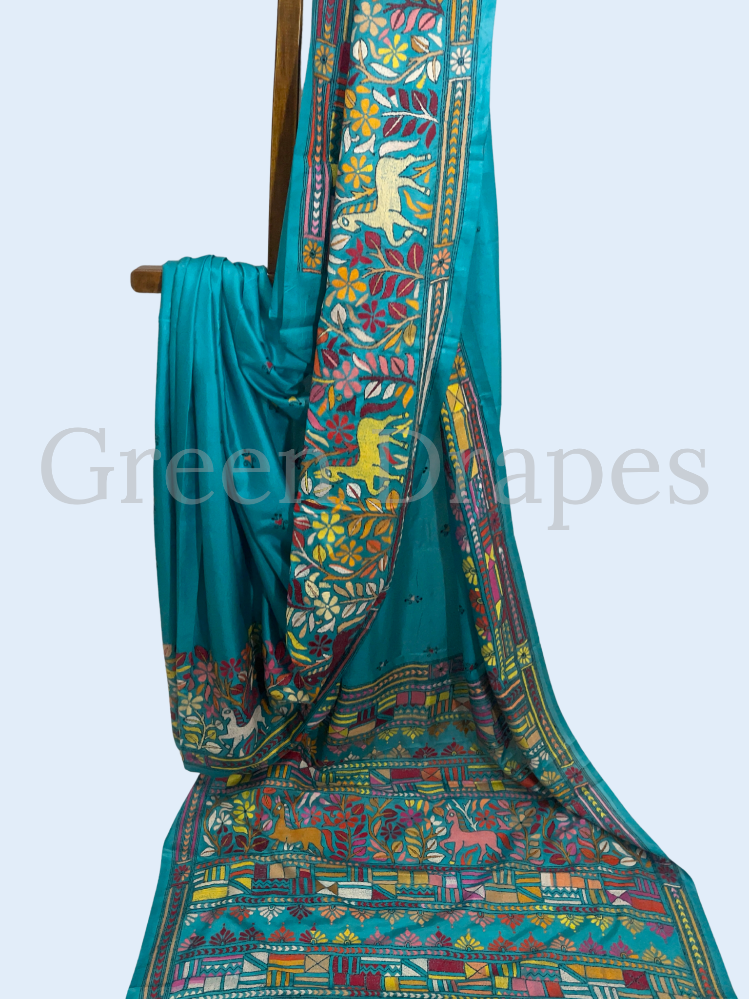 Handcrafted Turquoise Kantha Stitch Silk Saree – Multicolour Folk Art Embroidery | Bengal Heritage Saree
