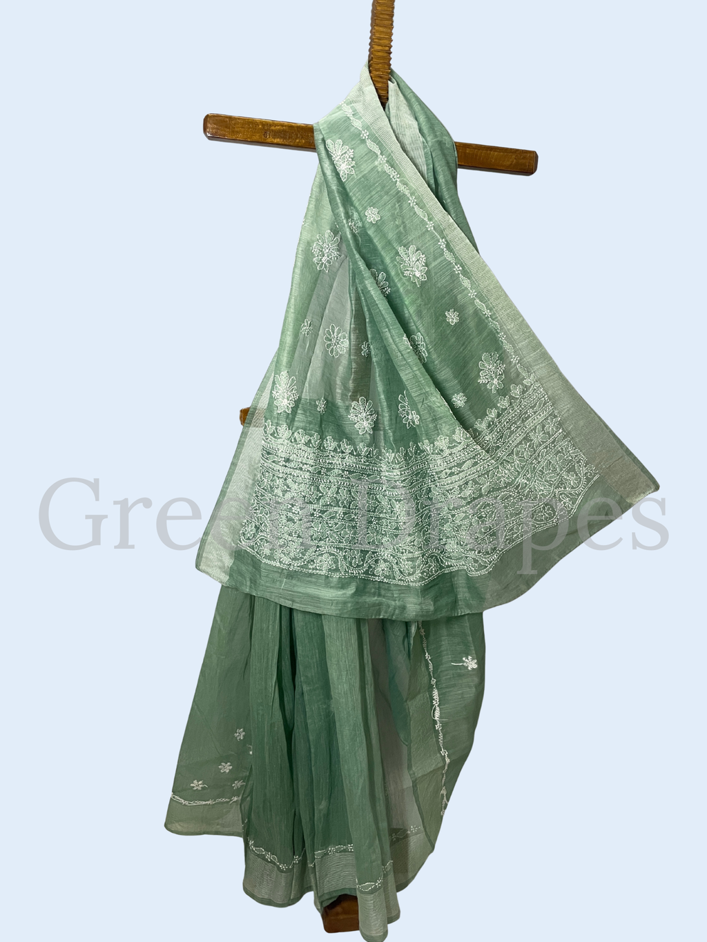 Handcrafted Dusty Mint Green Chikankari Organza Saree – White Floral Buti & Heavy Embroidered Border | Lucknowi Chikan Saree