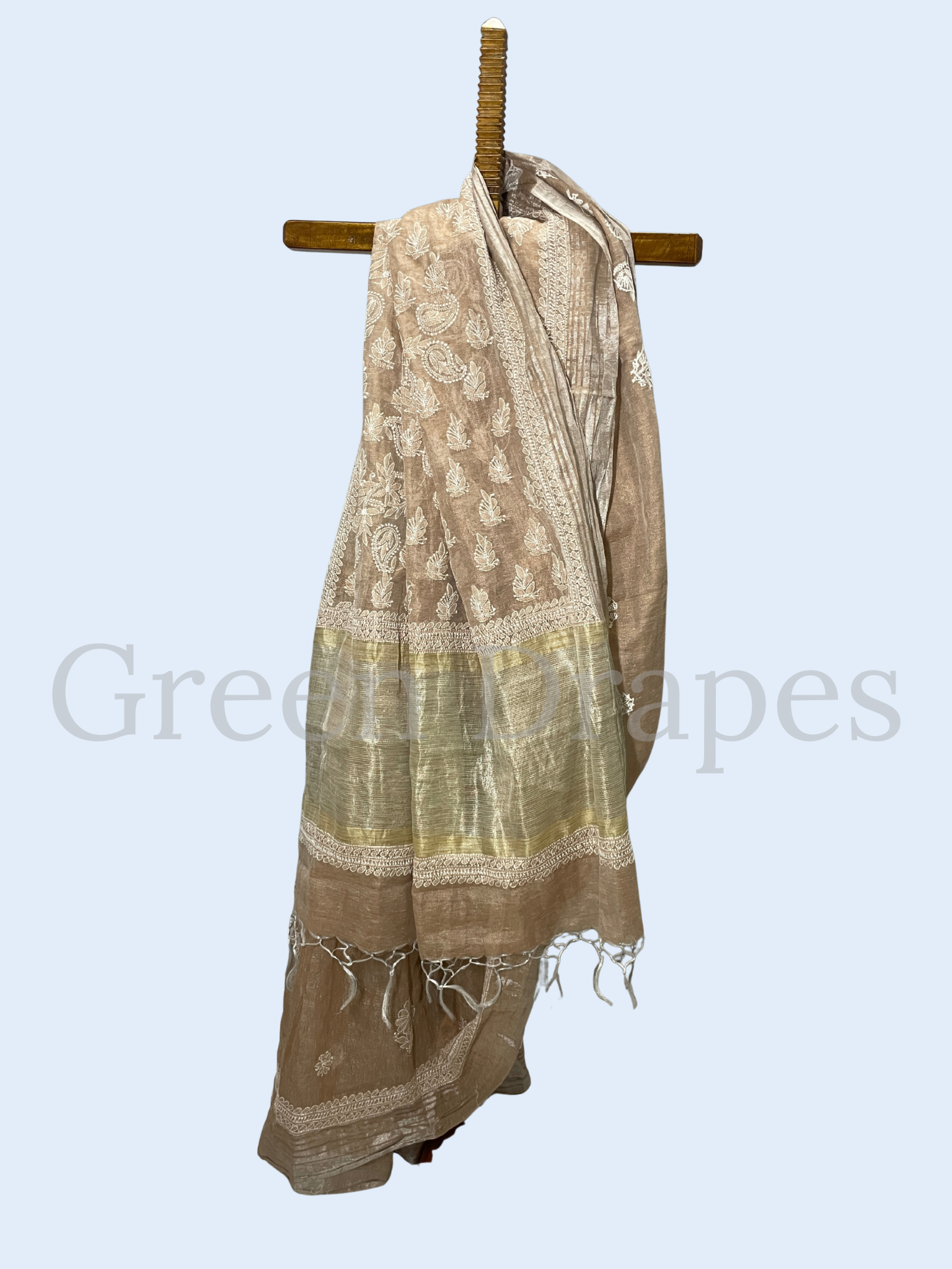 Handcrafted Taupe Brown Chikankari Organza Saree – White Paisley & Floral Jaal Embroidery | Lucknowi Chikan Saree