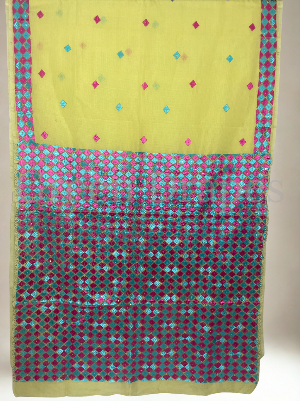 Heavy Phulkari Embroidered Kota Doria Saree – Sunshine Yellow