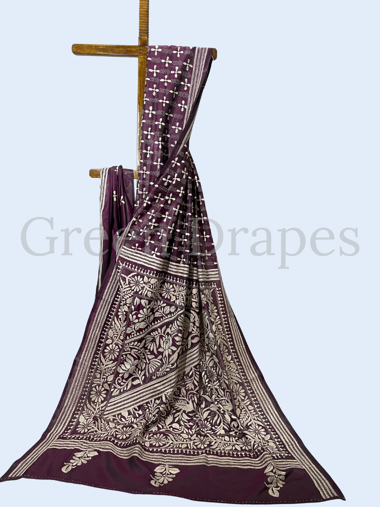 Hand Embroidered Plum Purple Kantha Stitch Silk Saree – Bengal Floral Motif Saree | Traditional Kantha Work