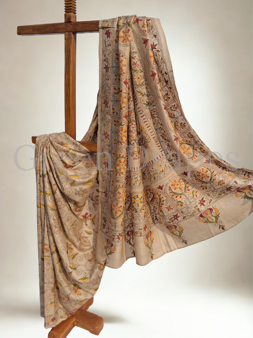 Pre-Loved Silk Kantha Saree — Beige Base with Multicolour Hand Embroidery