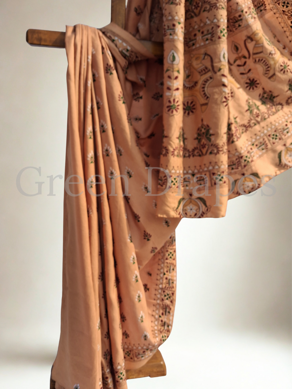 Pre-Loved Peach Kantha Hand-Embroidered Silk Saree