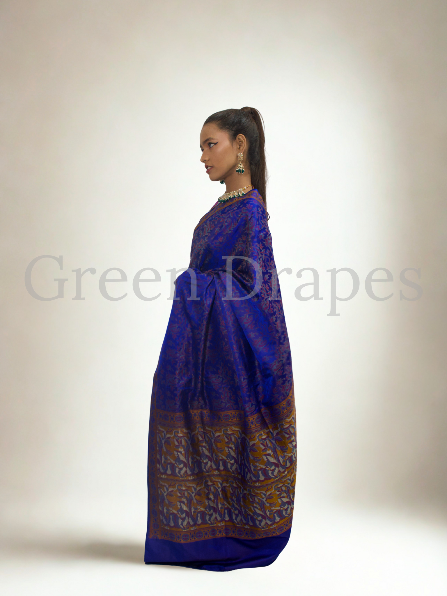 Pre-Loved Silk Saree — Royal Blue All-Over Woven Jaal with Contrast Antique Gold & Rust Border