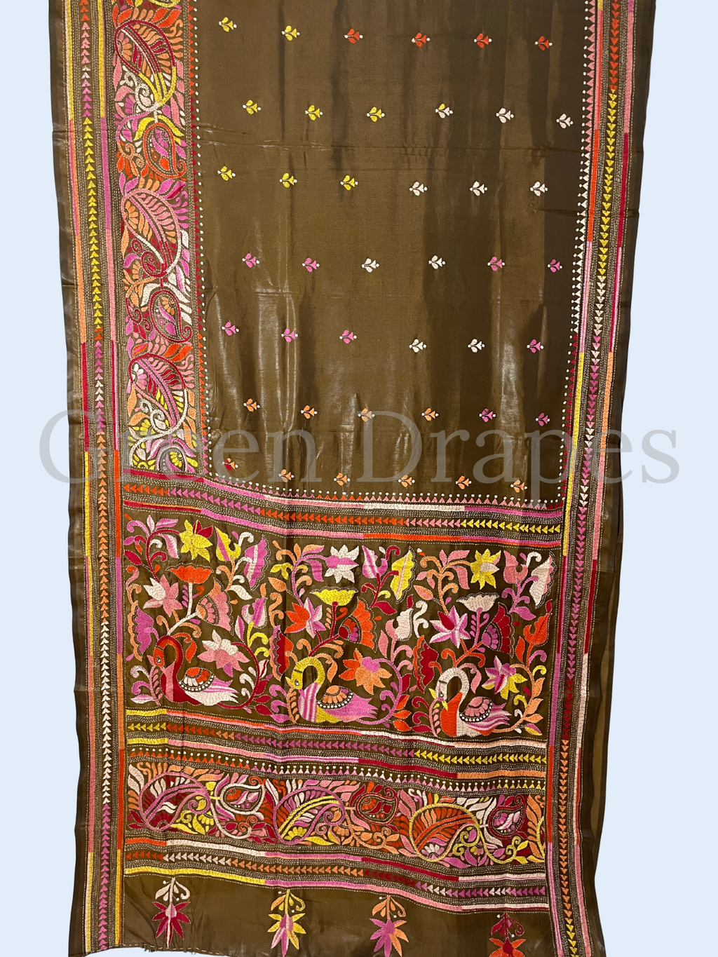 Hand Embroidered Olive Green Kantha Stitch Silk Saree – Multicolour Floral & Paisley Thread Work | Bengal Heritage Saree