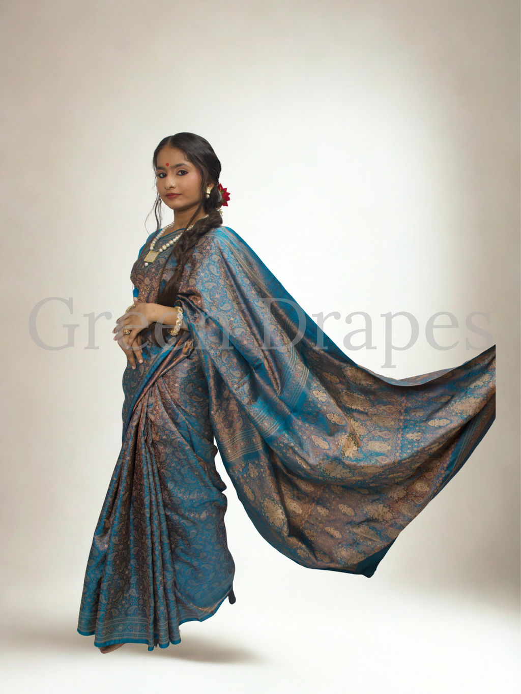 Pre-Loved Silk Saree — Teal Blue & Antique Bronze All-Over Paisley Jaal with Ornate Pallu