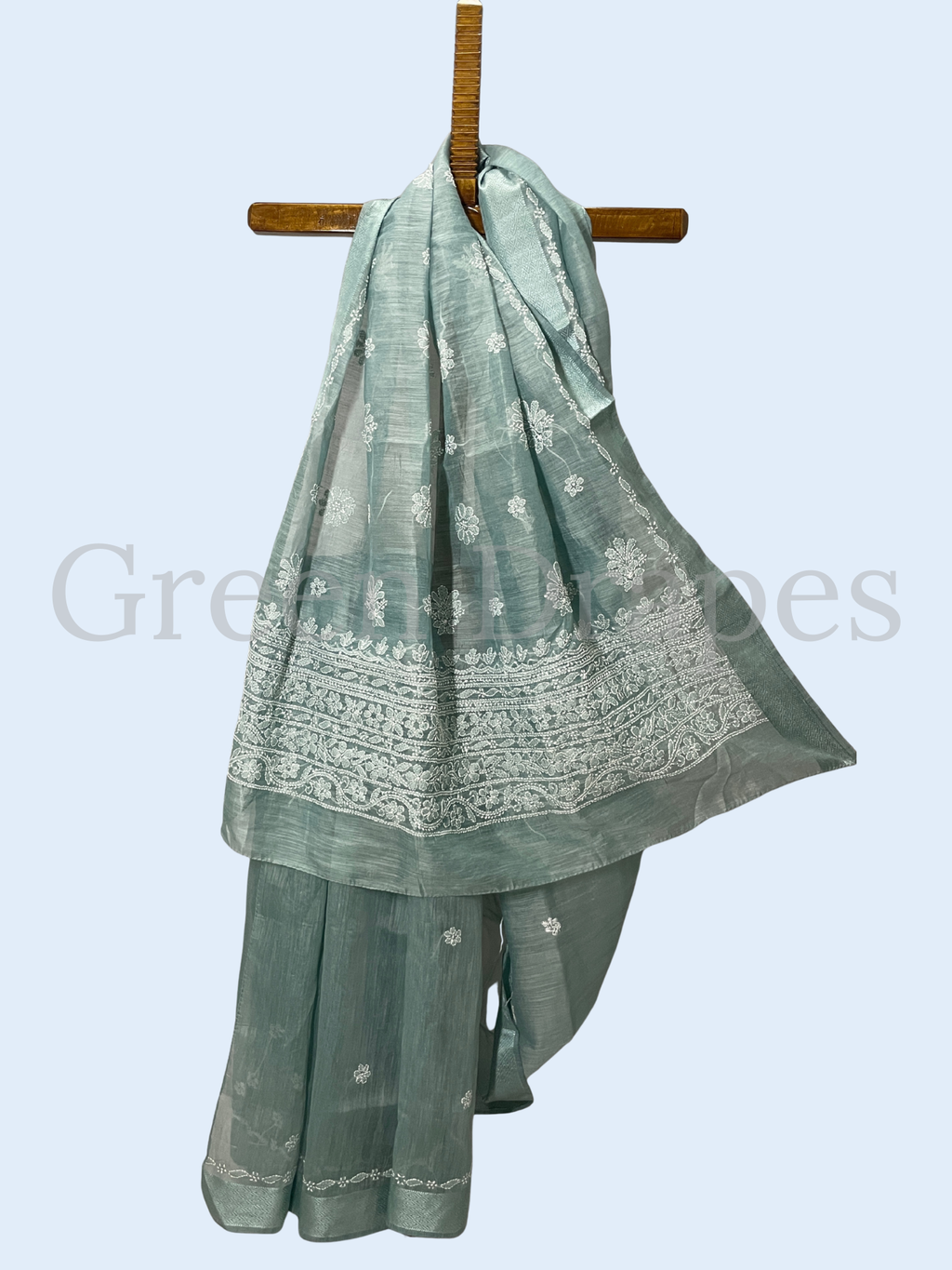 Handcrafted Sage Green Chikankari Organza Saree – White Floral Buti & Heavy Embroidered Border | Lucknowi Chikan Saree