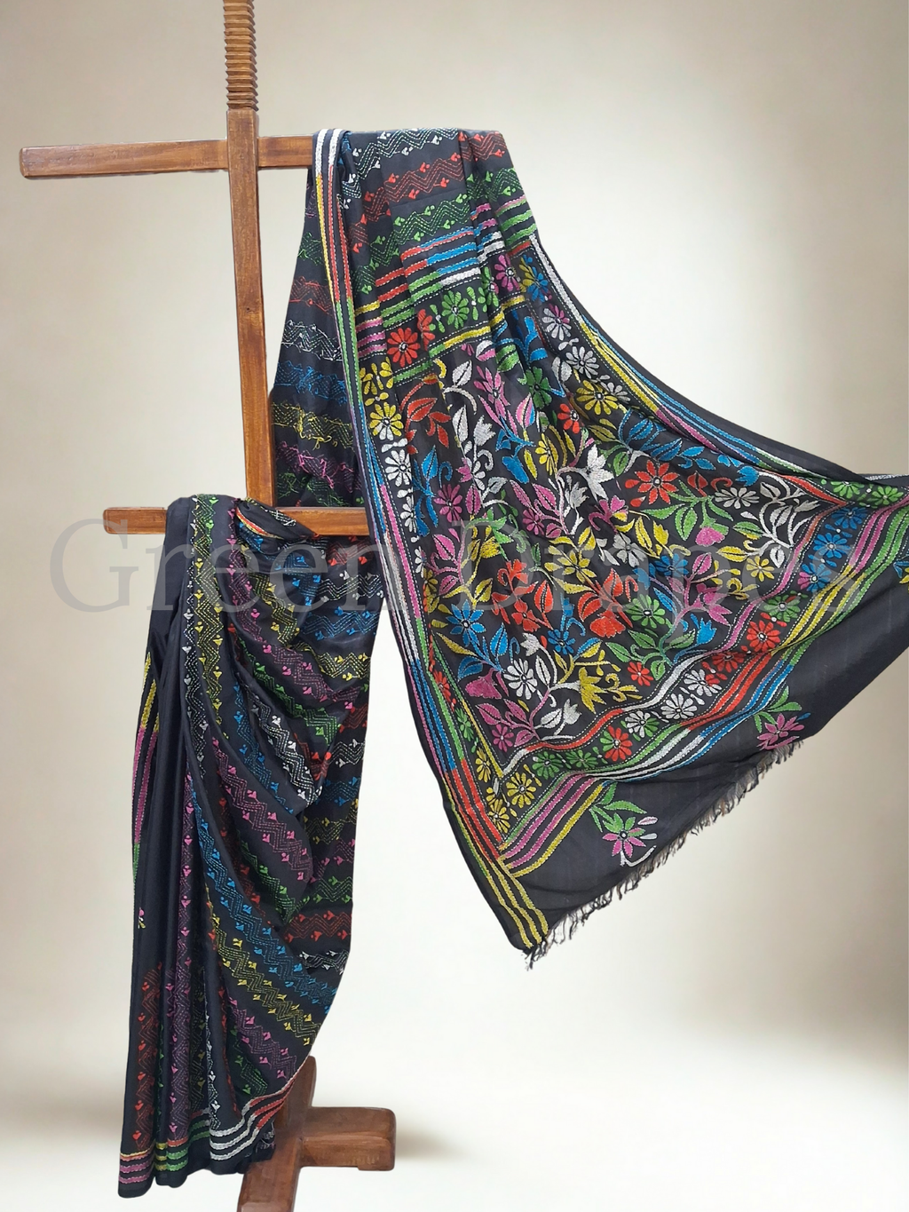 Kantha Style Multicolour Embroidered Art Silk Saree — Black Base