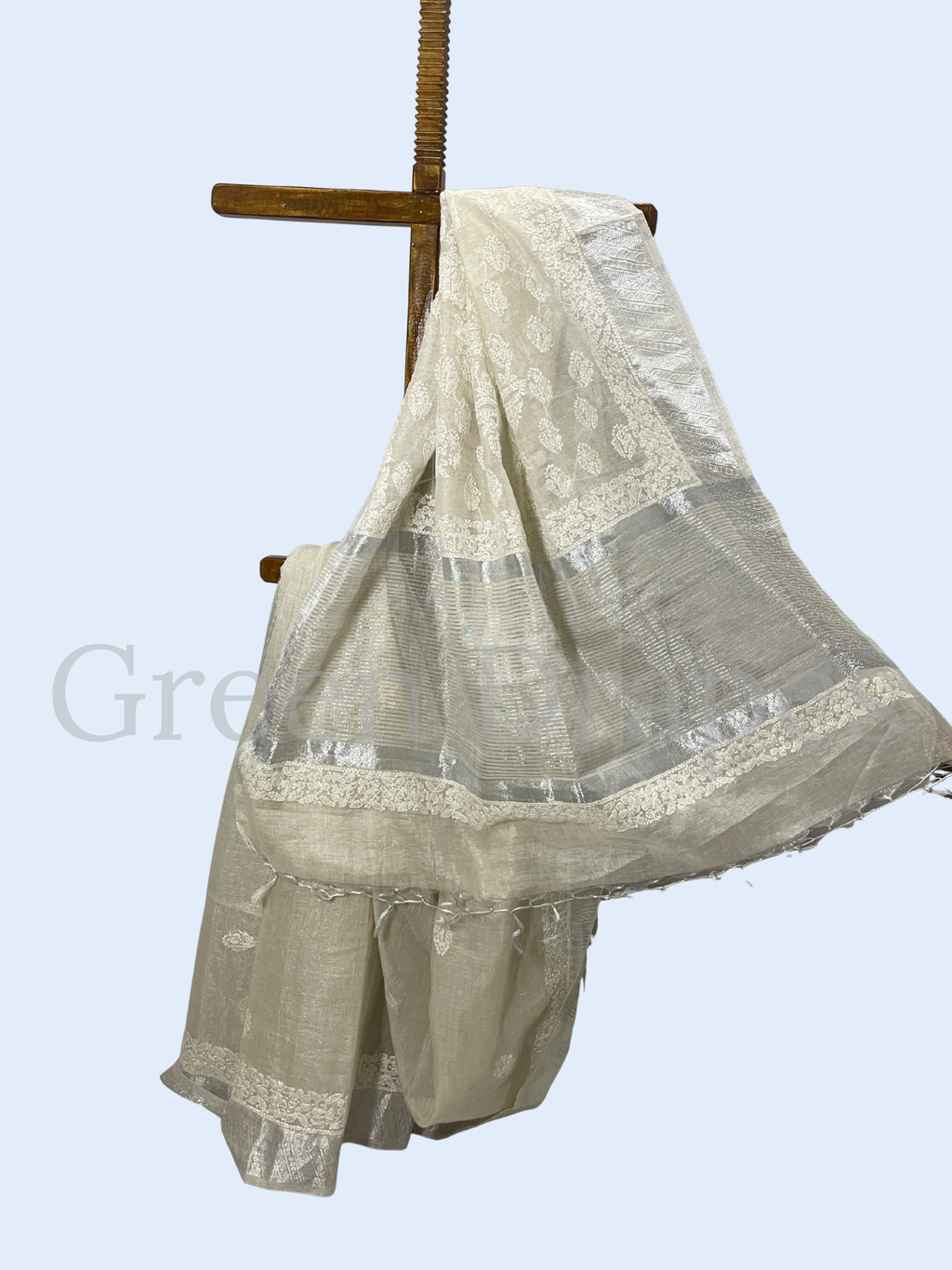 Handcrafted Ivory Chikankari Organza Saree – White Thread Work & Woven Border | Lucknowi Chikan Saree