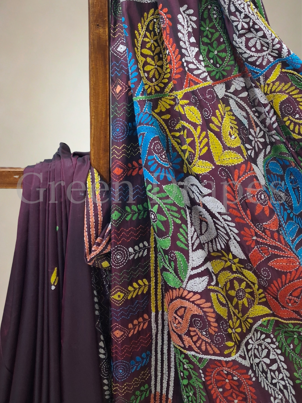 Handcrafted Kantha Saree – Deep Wine Base with Multicolour Embroidery