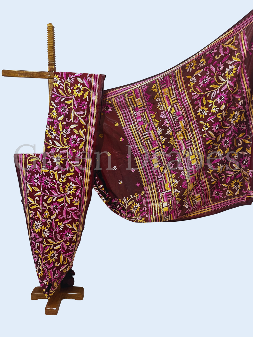 Hand Embroidered Maroon Kantha Stitch Silk Saree – Multicolour Floral & Geometric Thread Work | Bengal Heritage Saree