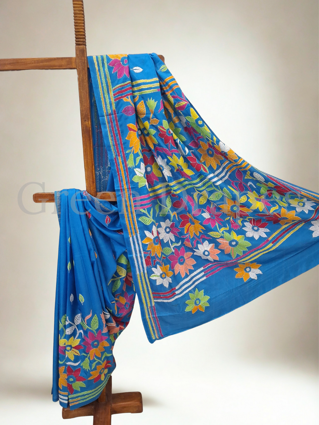 Kantha Style Multicolour Floral Embroidered Art Silk Saree — Turquoise Blue