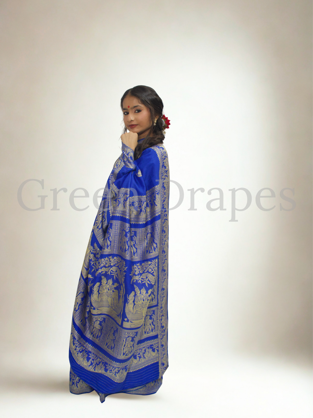 ✨ Preloved Pure Silk Baluchari Saree — Royal Blue with Antique Gold Zari