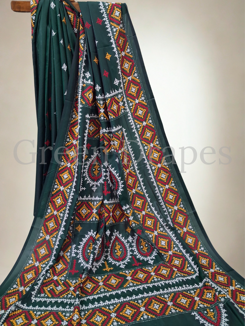 Gujarati Embroidered Blended Bangalore Silk Saree — Deep Green Multicolour