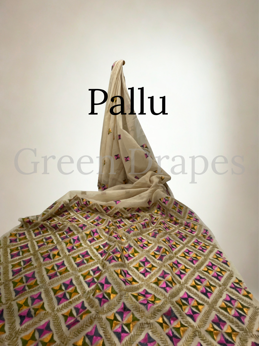 Cream Kota Doria Saree with Olive Green, Pink, Yellow & Mehendi Green Phulkari Embroidery